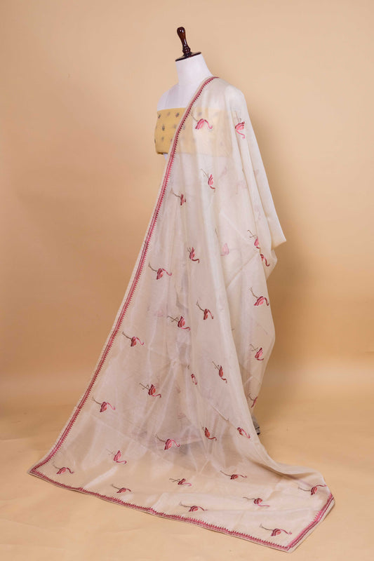 Beige Flamingo Embroidery Chanderi Tissue Saree
