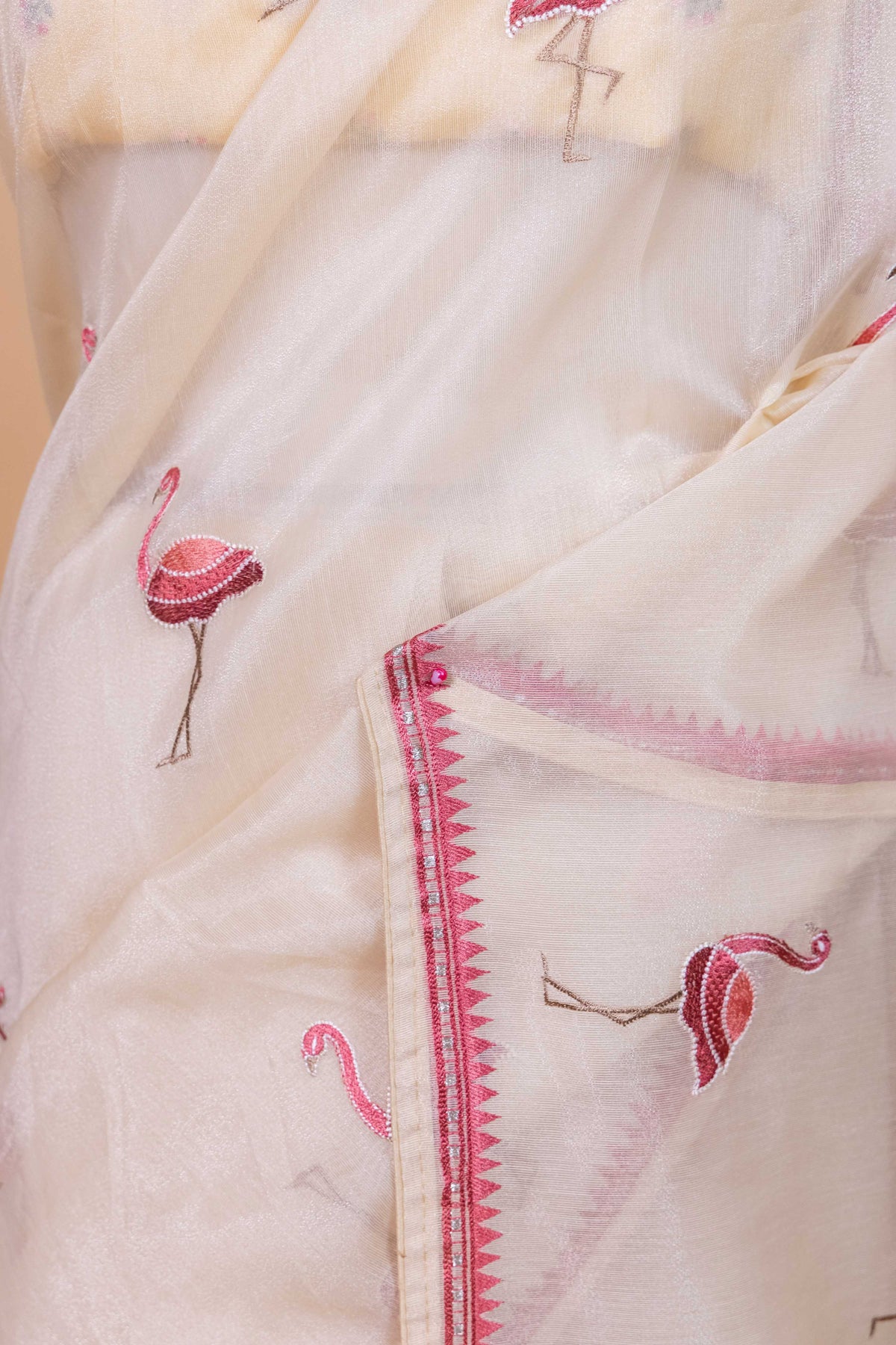 Beige Flamingo Embroidery Chanderi Tissue Saree