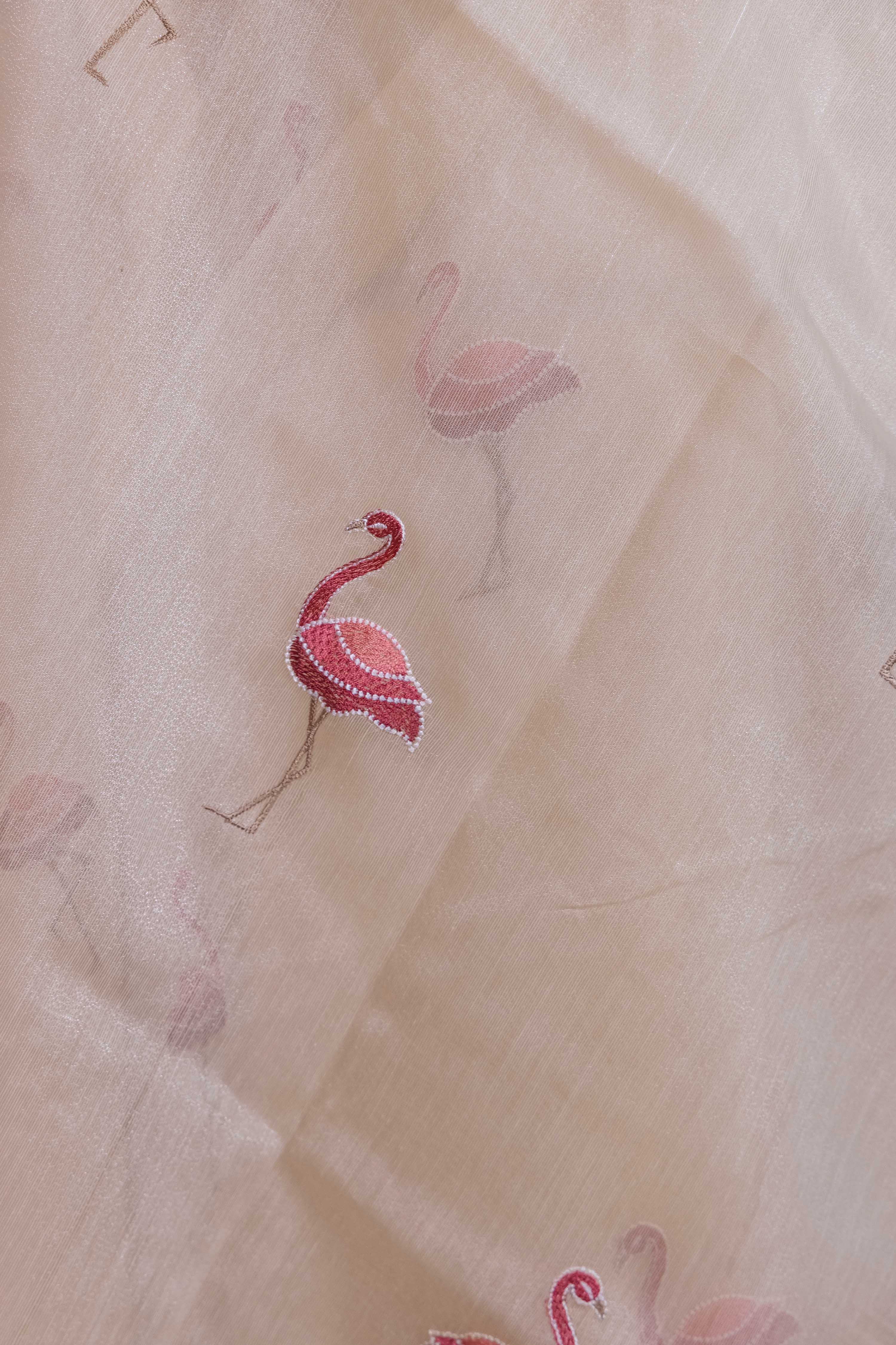 Beige Flamingo Embroidery Chanderi Tissue Saree
