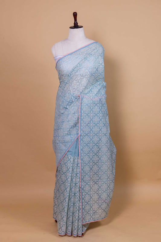 Firozi Blue Embroidery Chanderi Tissue Saree