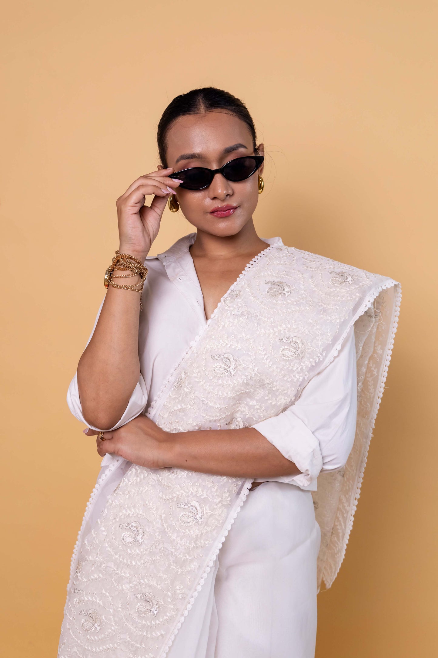 White Chikankari Embroidery Organza Saree