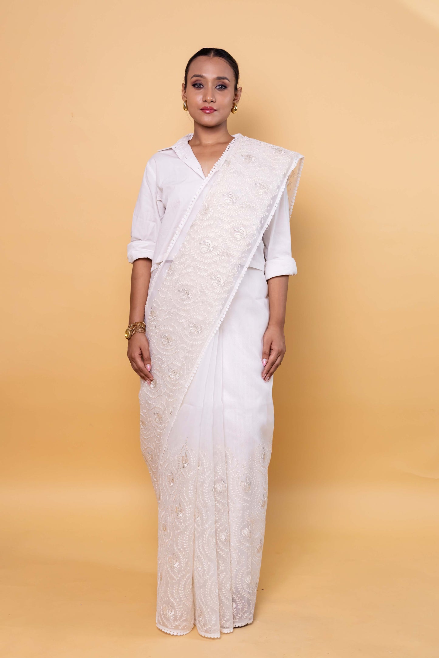 White Chikankari Embroidery Organza Saree