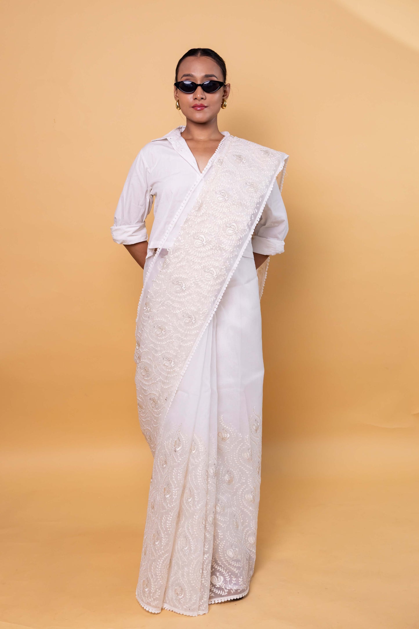 White Chikankari Embroidery Organza Saree