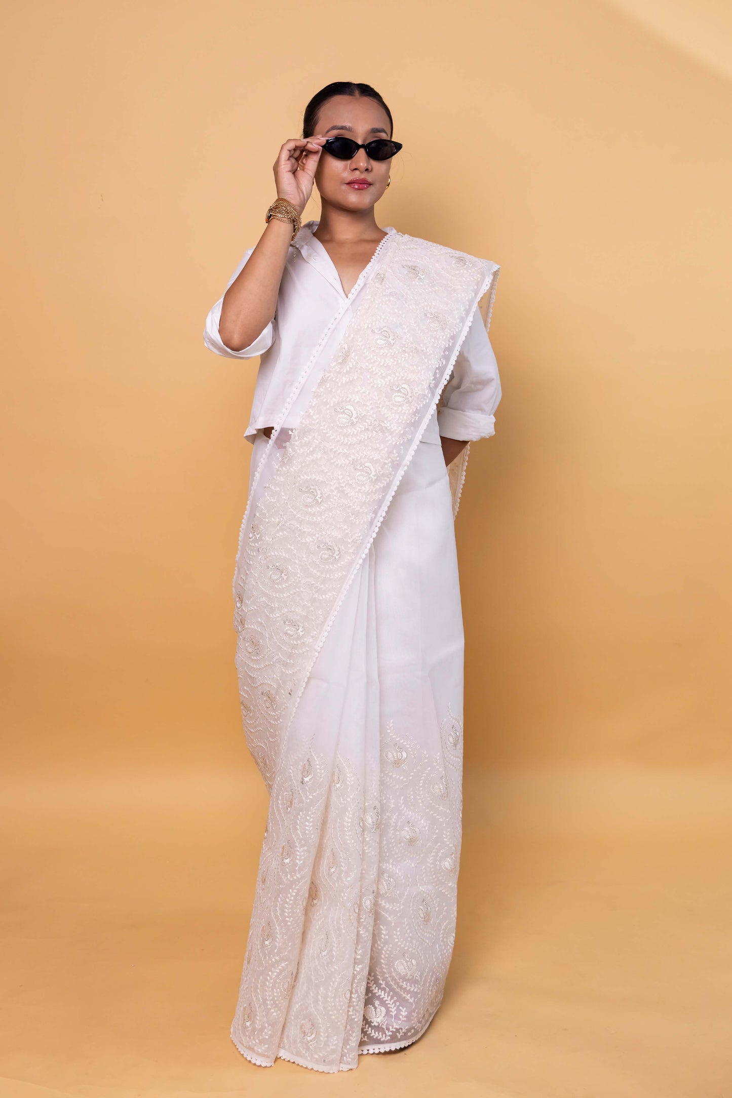 White Chikankari Embroidery Organza Saree