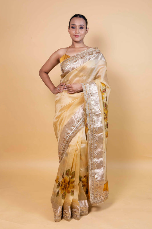 Light Yellow Embellished Organza Silk Saree