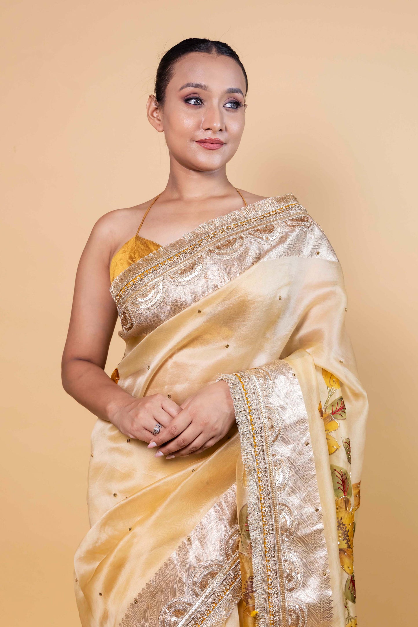 Light Yellow Embellished Organza Silk Saree