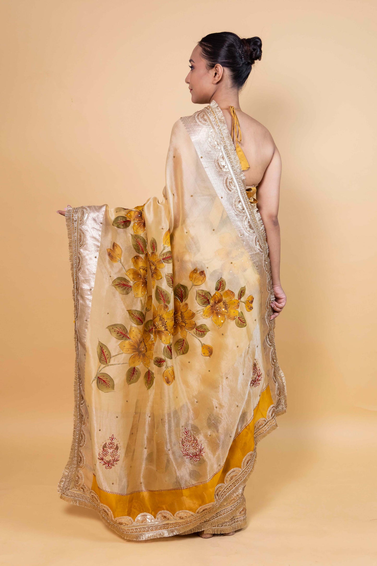 Light Yellow Embellished Organza Silk Saree