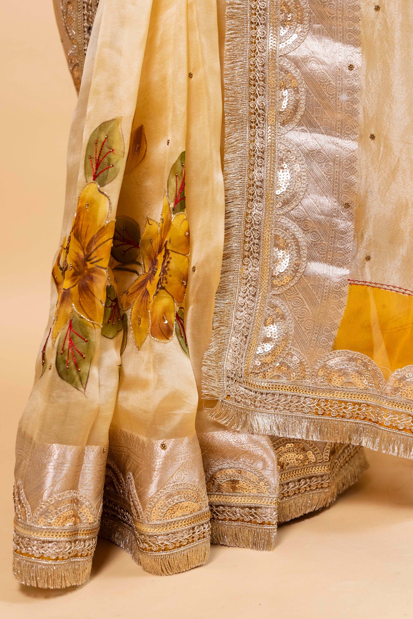Light Yellow Embellished Organza Silk Saree