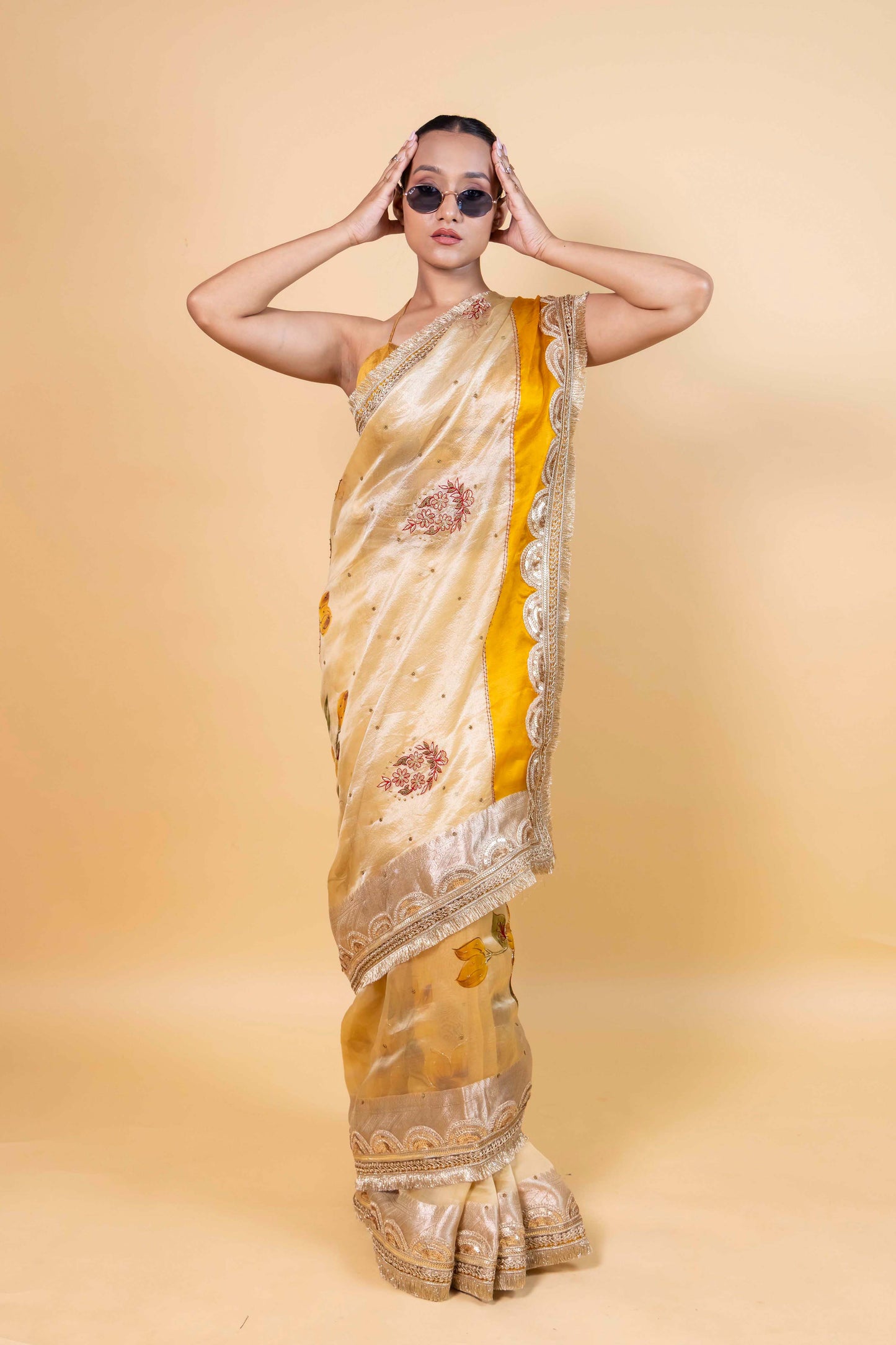 Light Yellow Embellished Organza Silk Saree