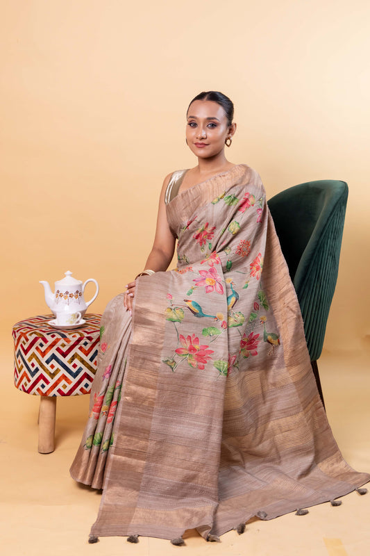 Grey Embellished Tussar Silk Saree