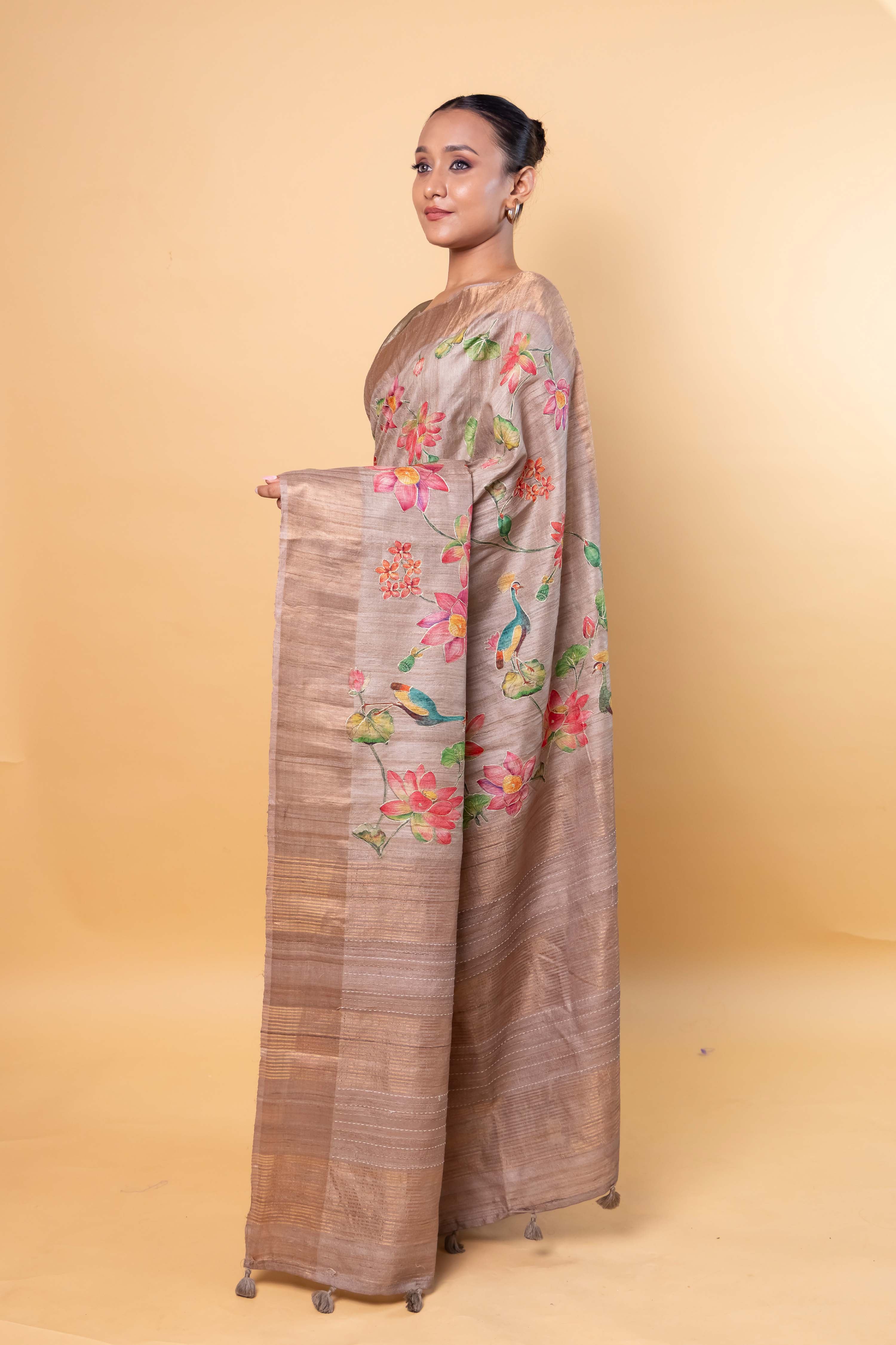 Grey Embellished Tussar Silk Saree