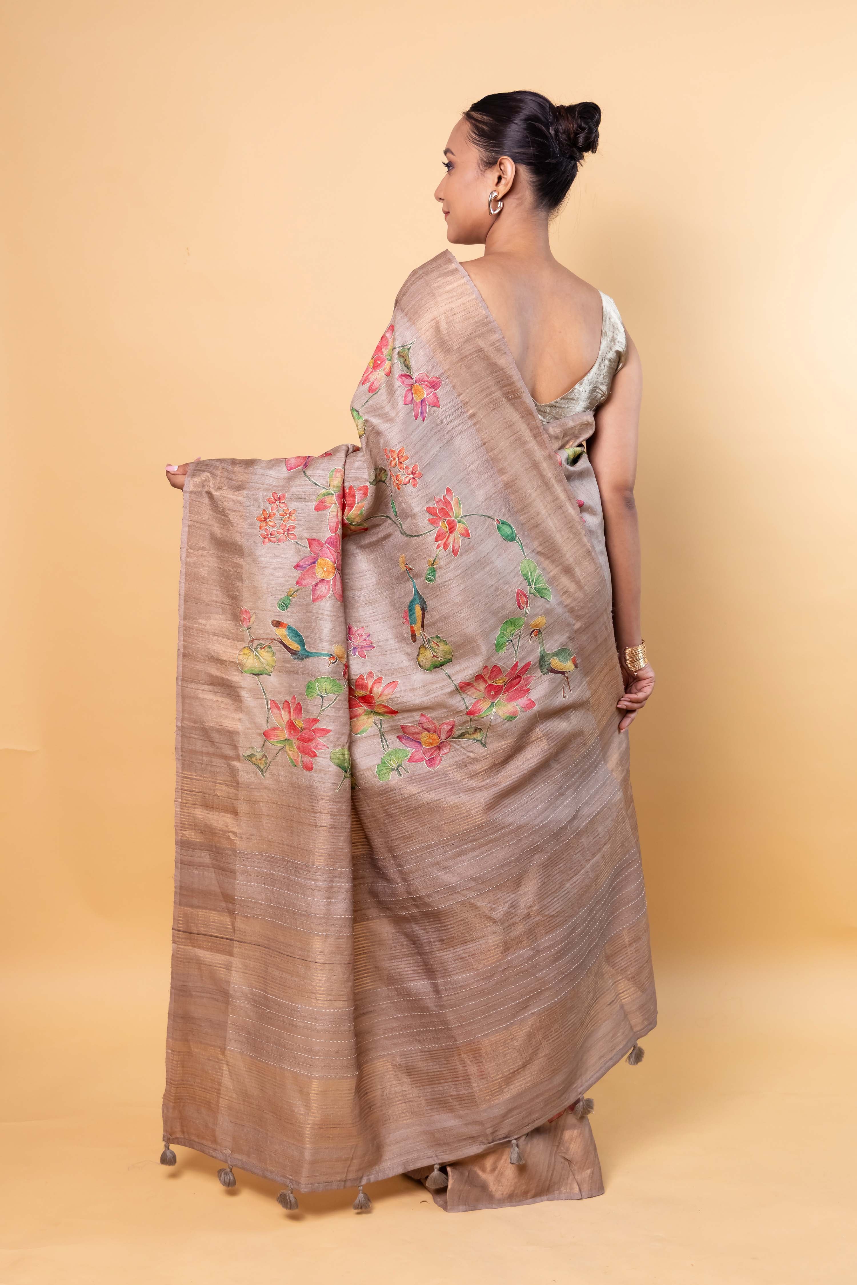 Grey Embellished Tussar Silk Saree