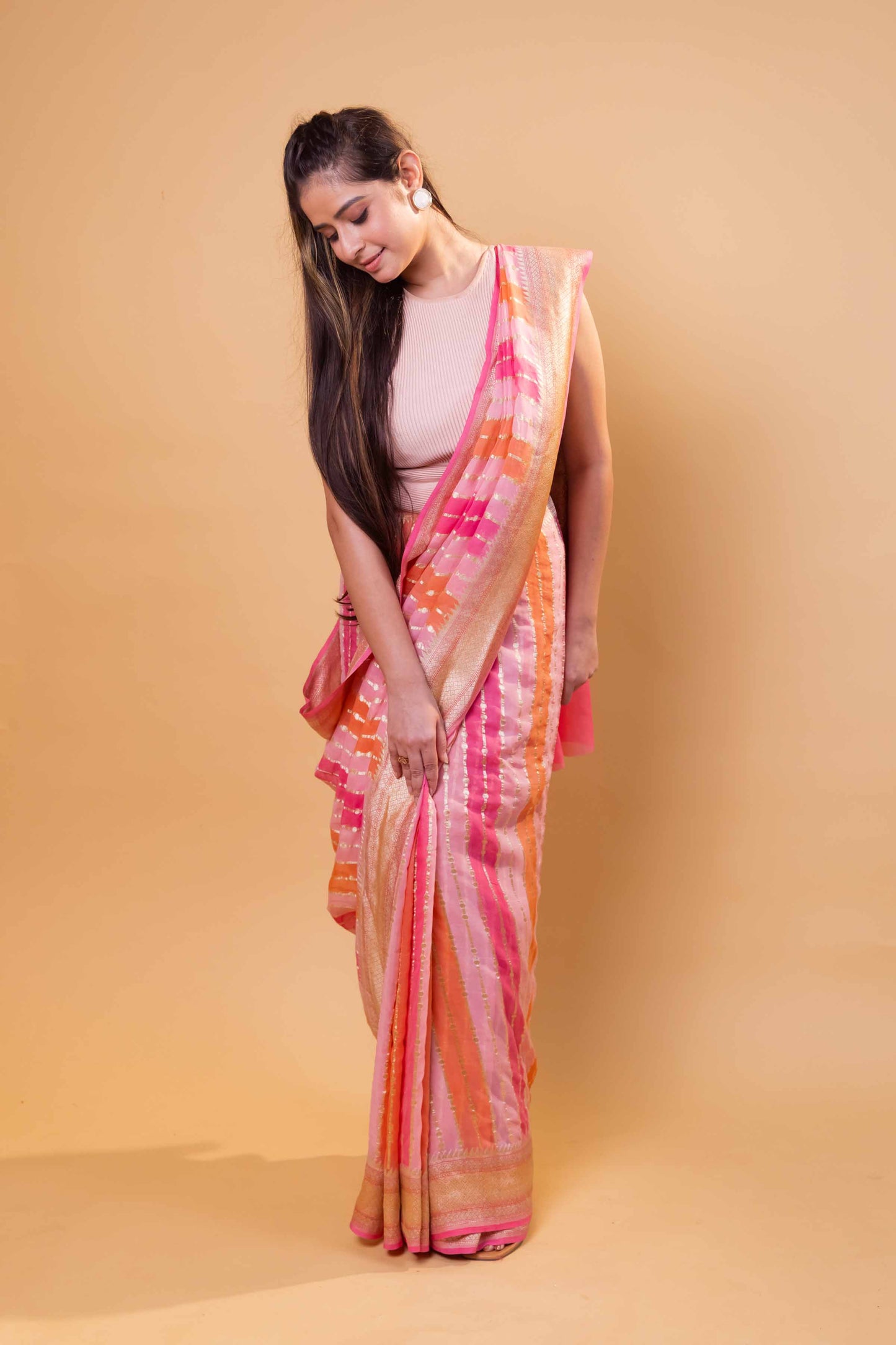 Pink & Orange Rangkat Khaddi Georgette Silk Saree