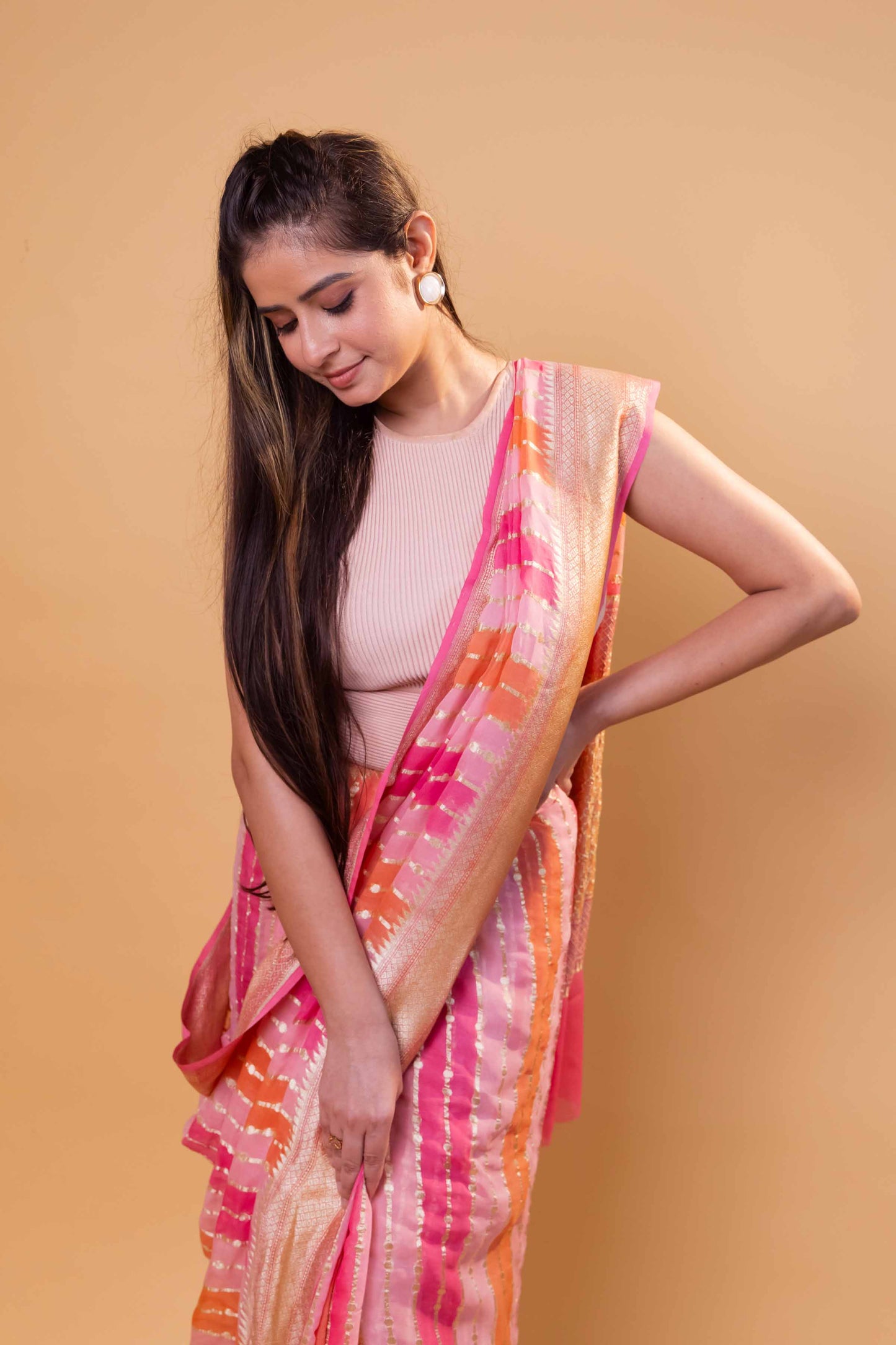 Pink & Orange Rangkat Khaddi Georgette Silk Saree