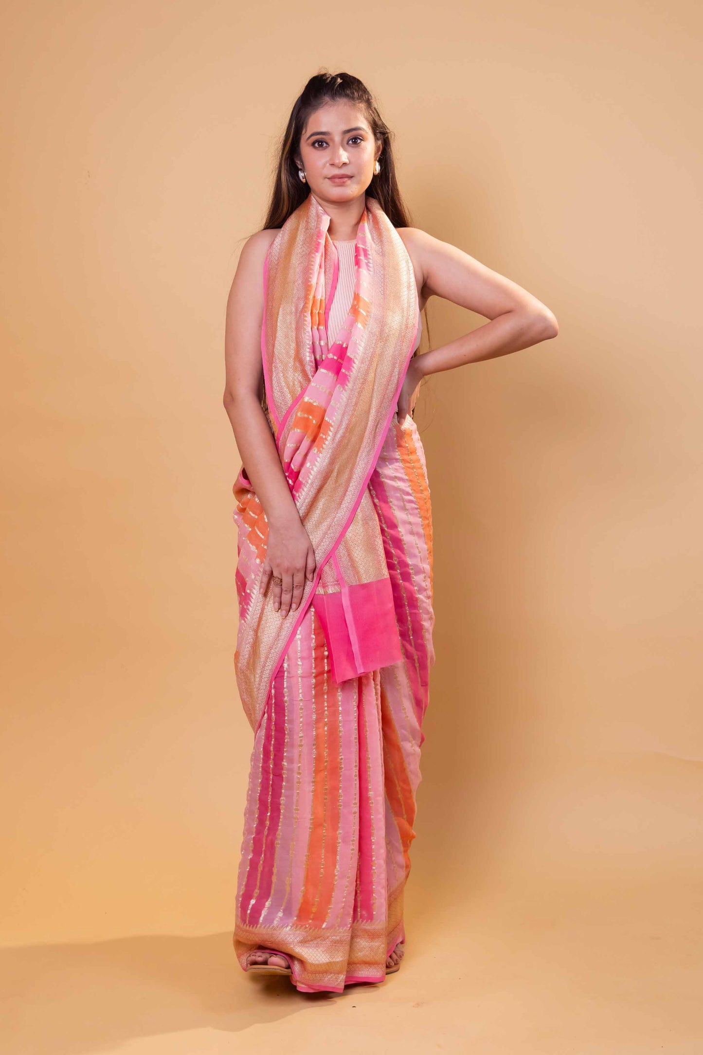 Pink & Orange Rangkat Khaddi Georgette Silk Saree