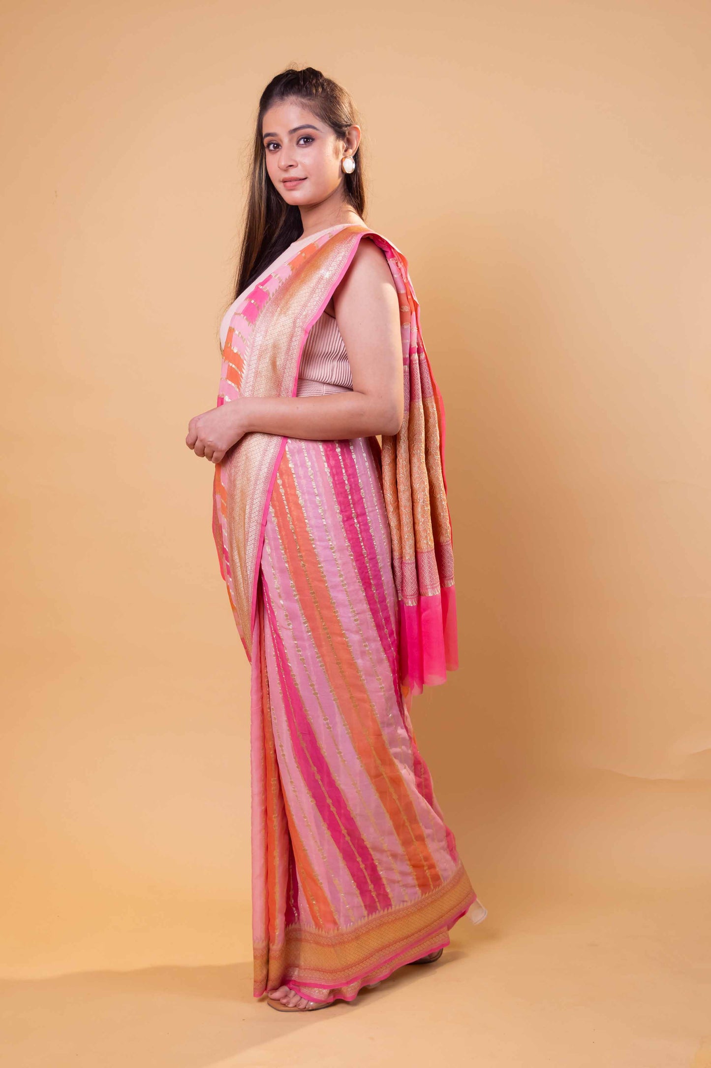 Pink & Orange Rangkat Khaddi Georgette Silk Saree