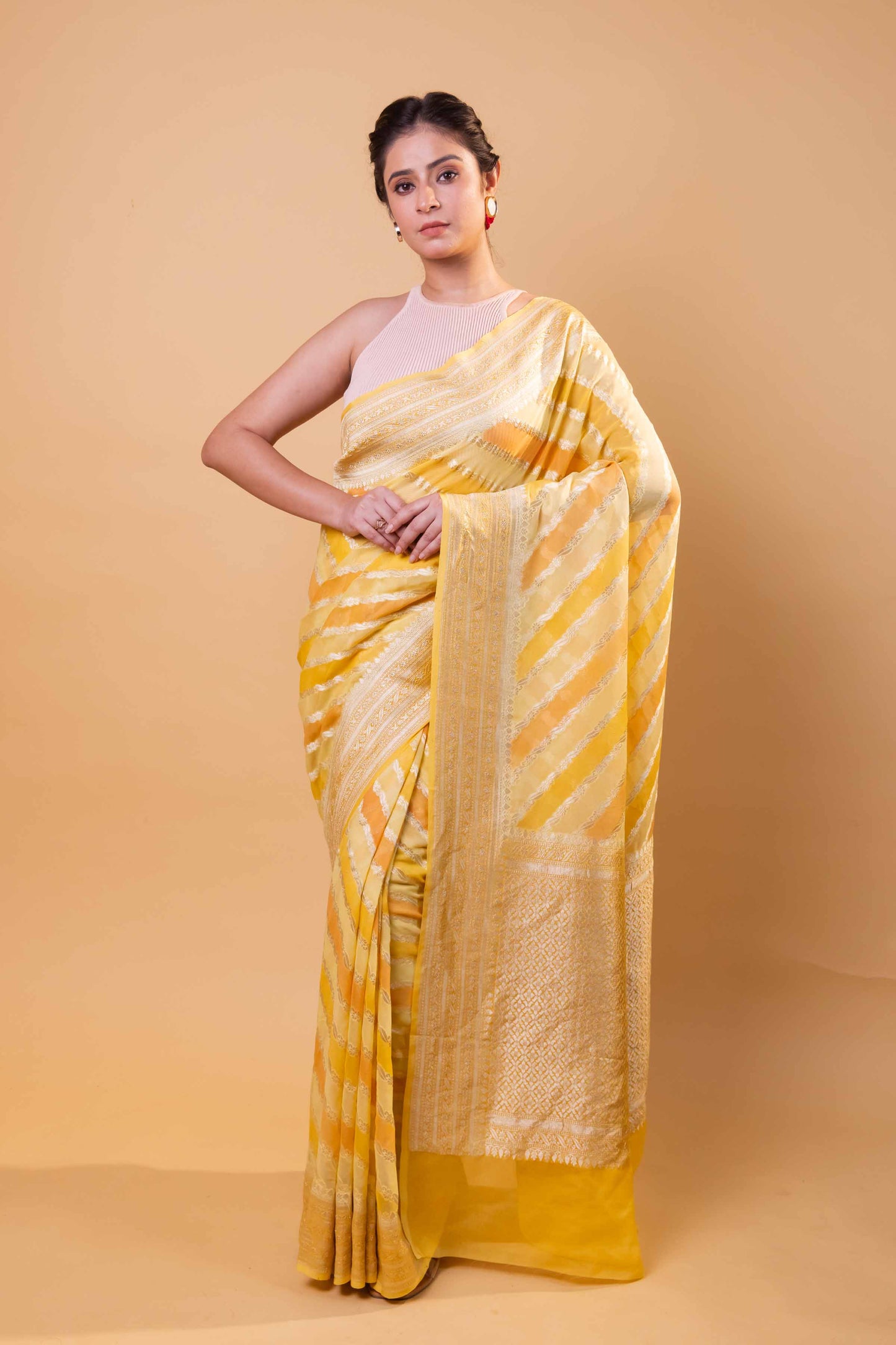 Yellow & Peach Rangkat Khaddi Georgette Silk Saree