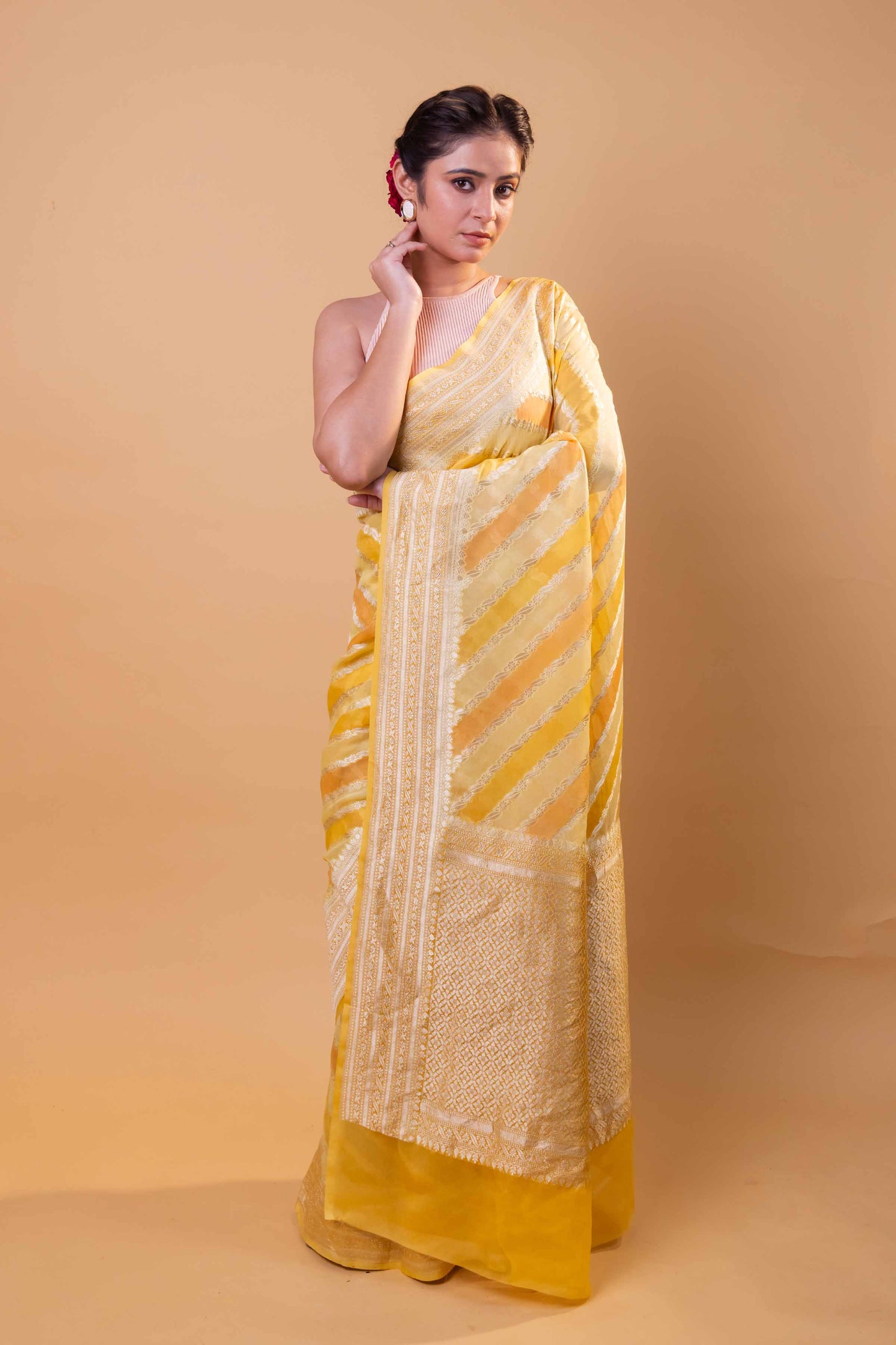 Yellow & Peach Rangkat Khaddi Georgette Silk Saree