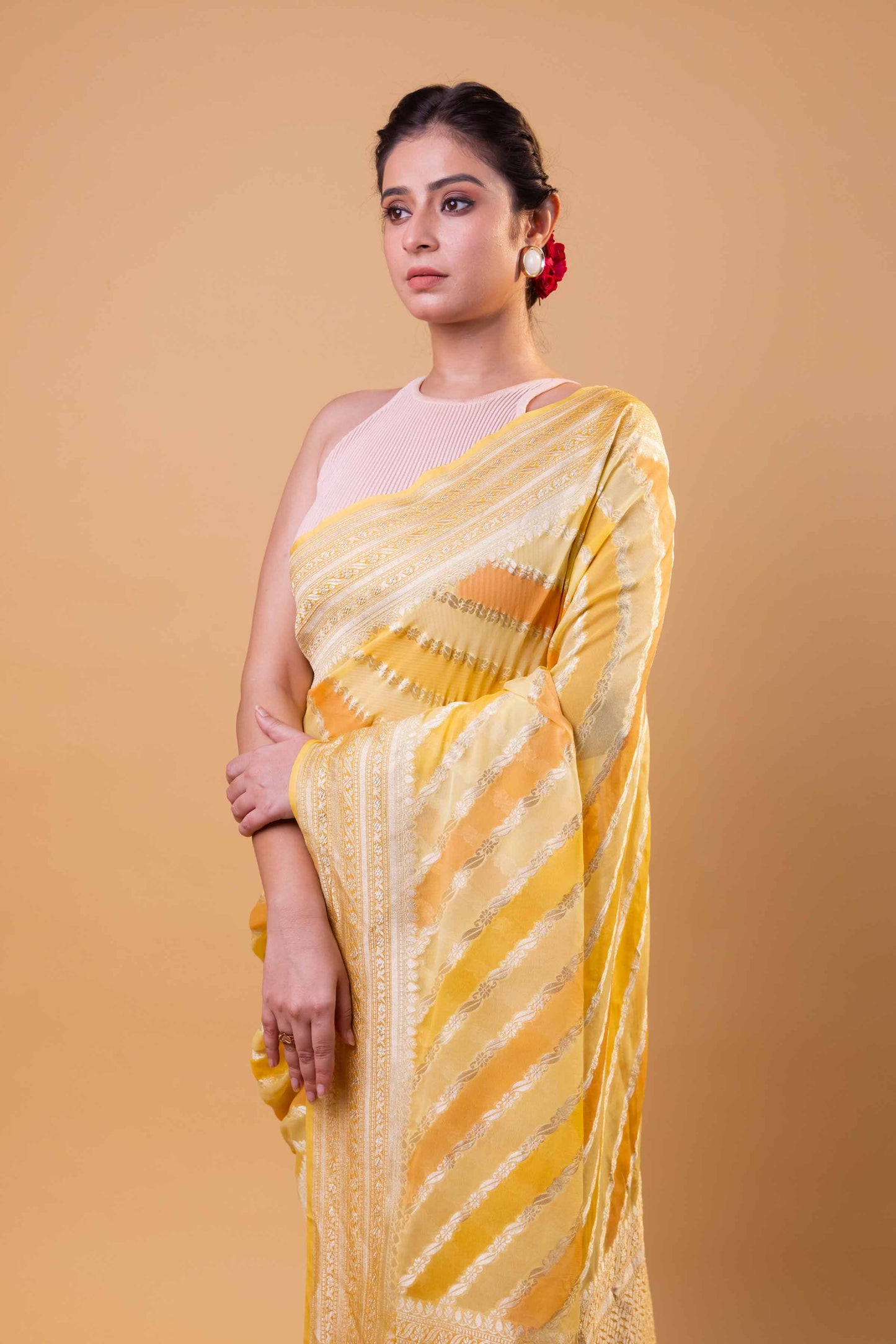 Yellow & Peach Rangkat Khaddi Georgette Silk Saree