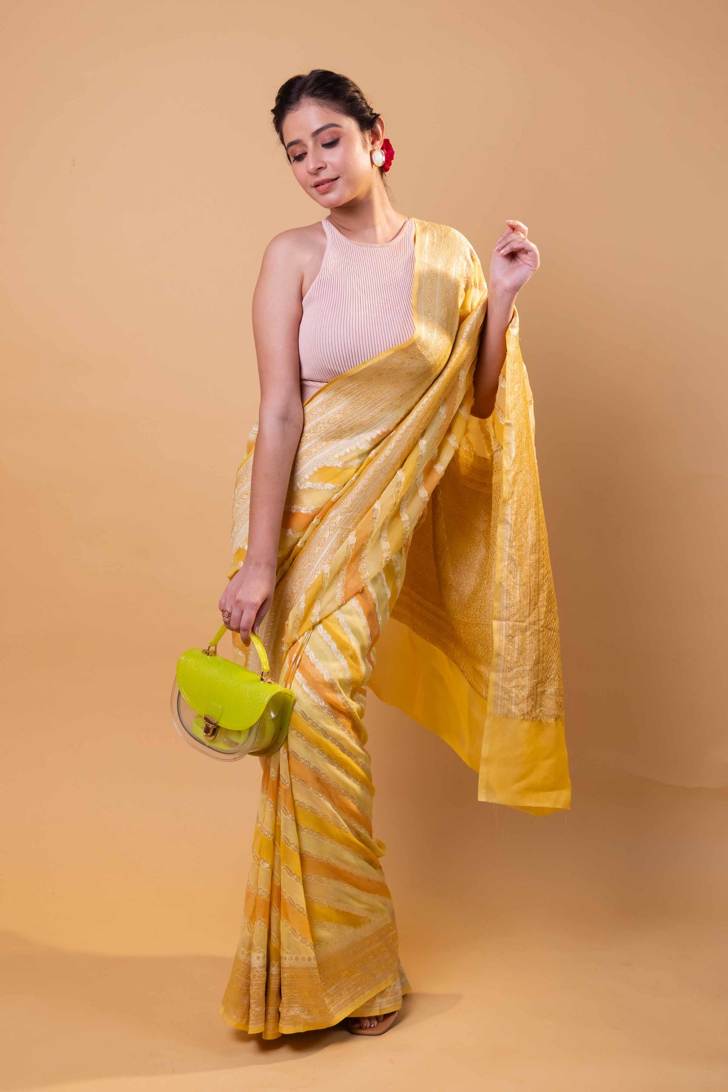 Yellow & Peach Rangkat Khaddi Georgette Silk Saree
