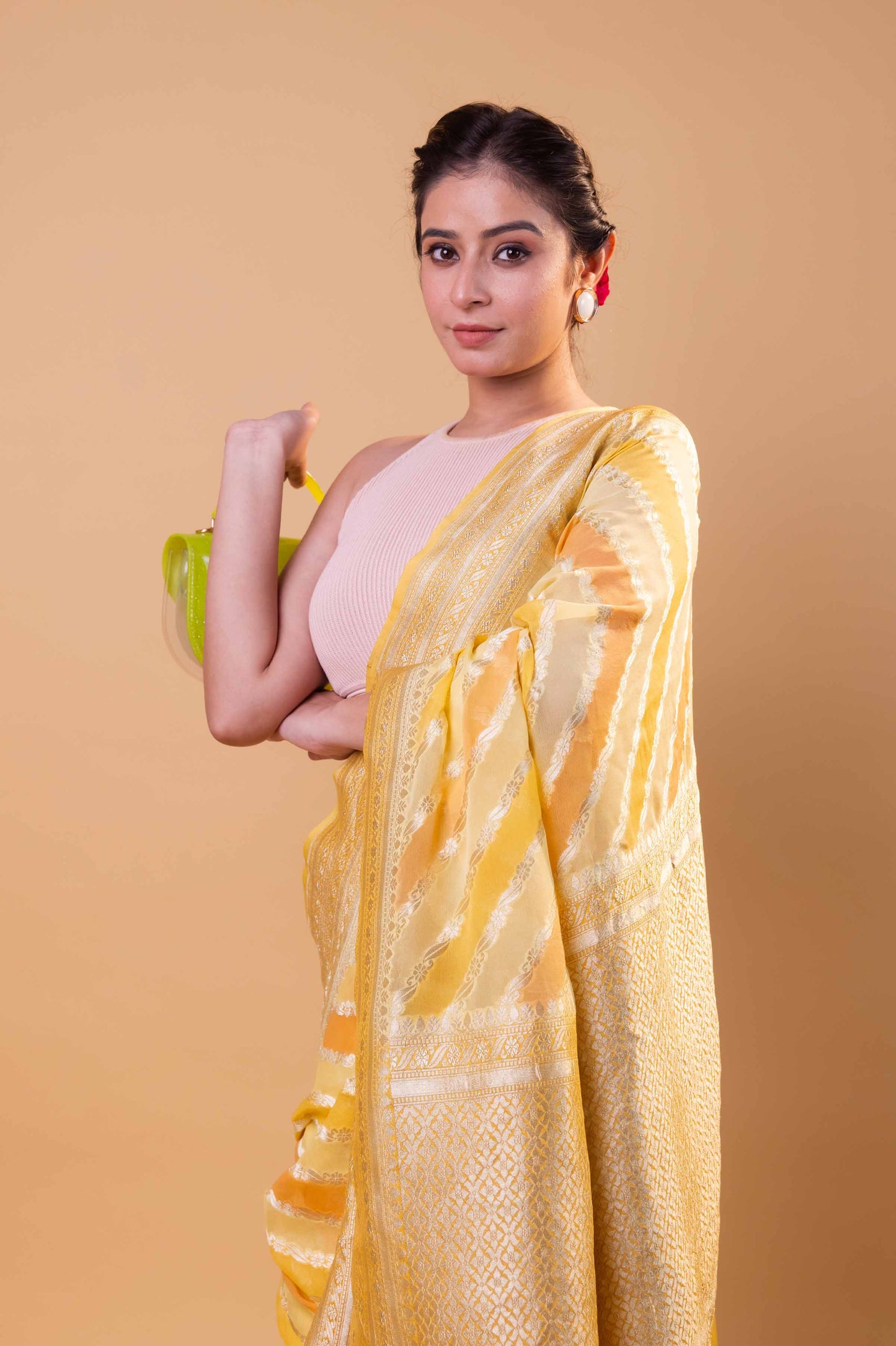 Yellow & Peach Rangkat Khaddi Georgette Silk Saree