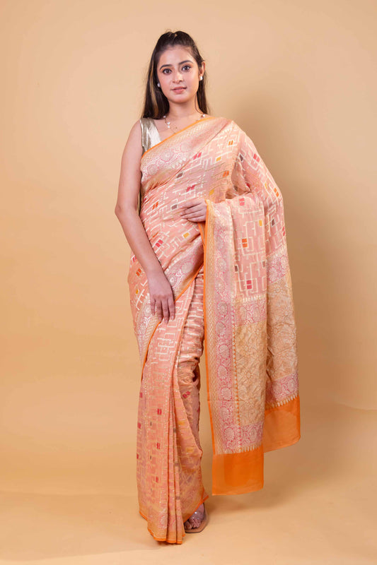 Peach Rangkat Khaddi Georgette Silk Saree