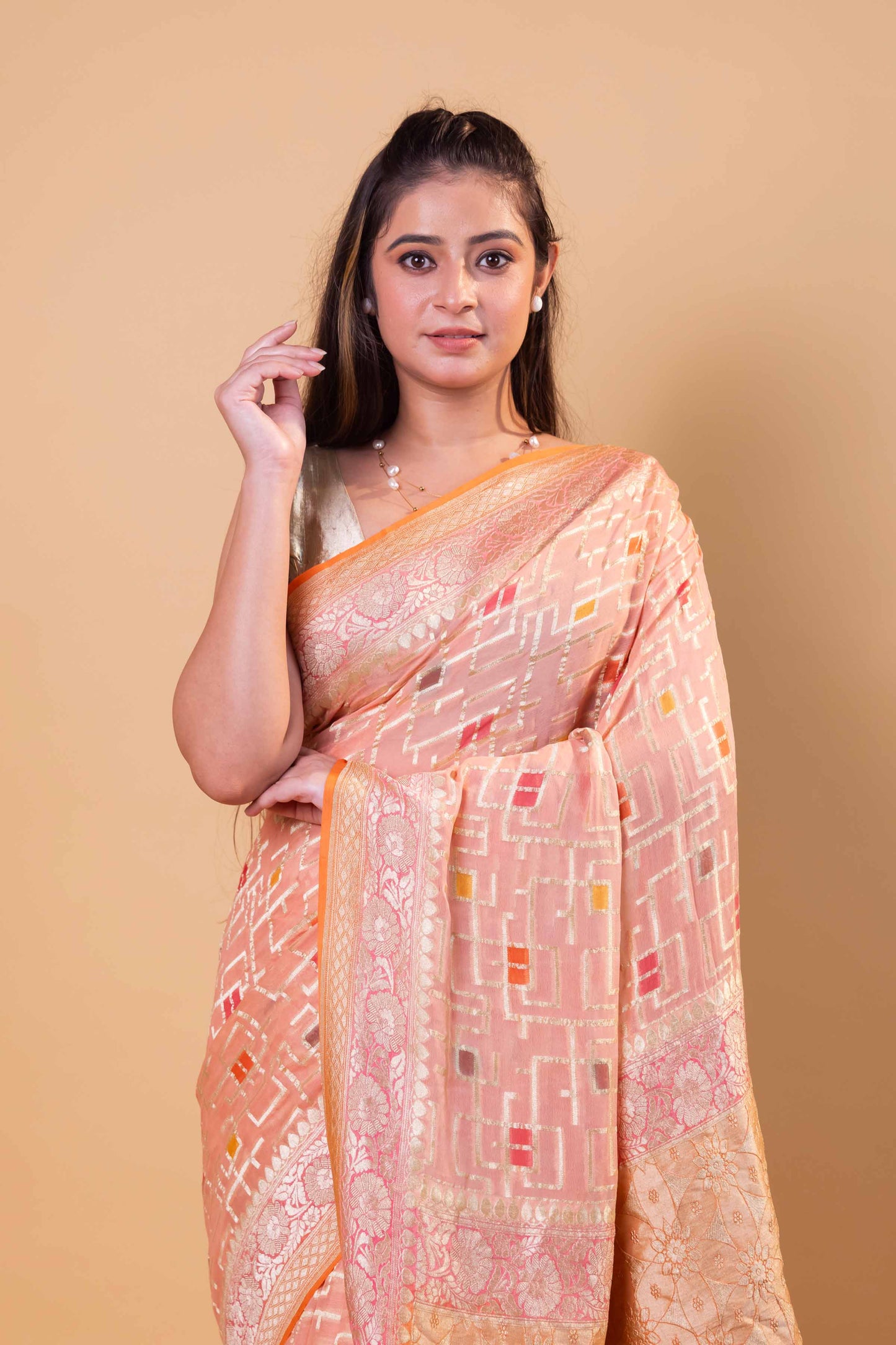 Peach Rangkat Khaddi Georgette Silk Saree