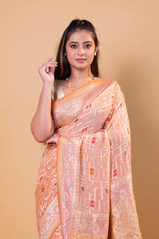 Peach Rangkat Khaddi Georgette Silk Saree