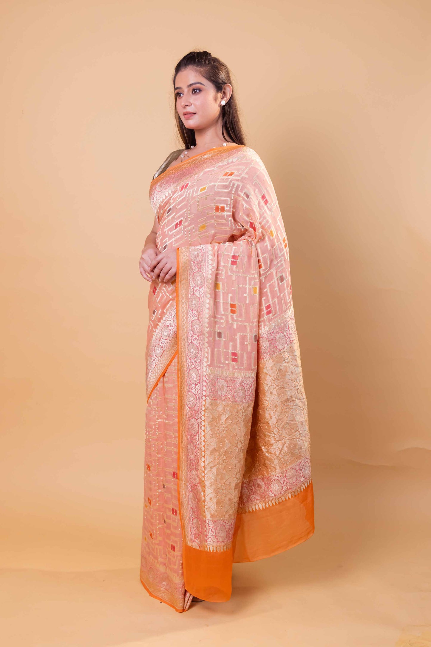 Peach Rangkat Khaddi Georgette Silk Saree
