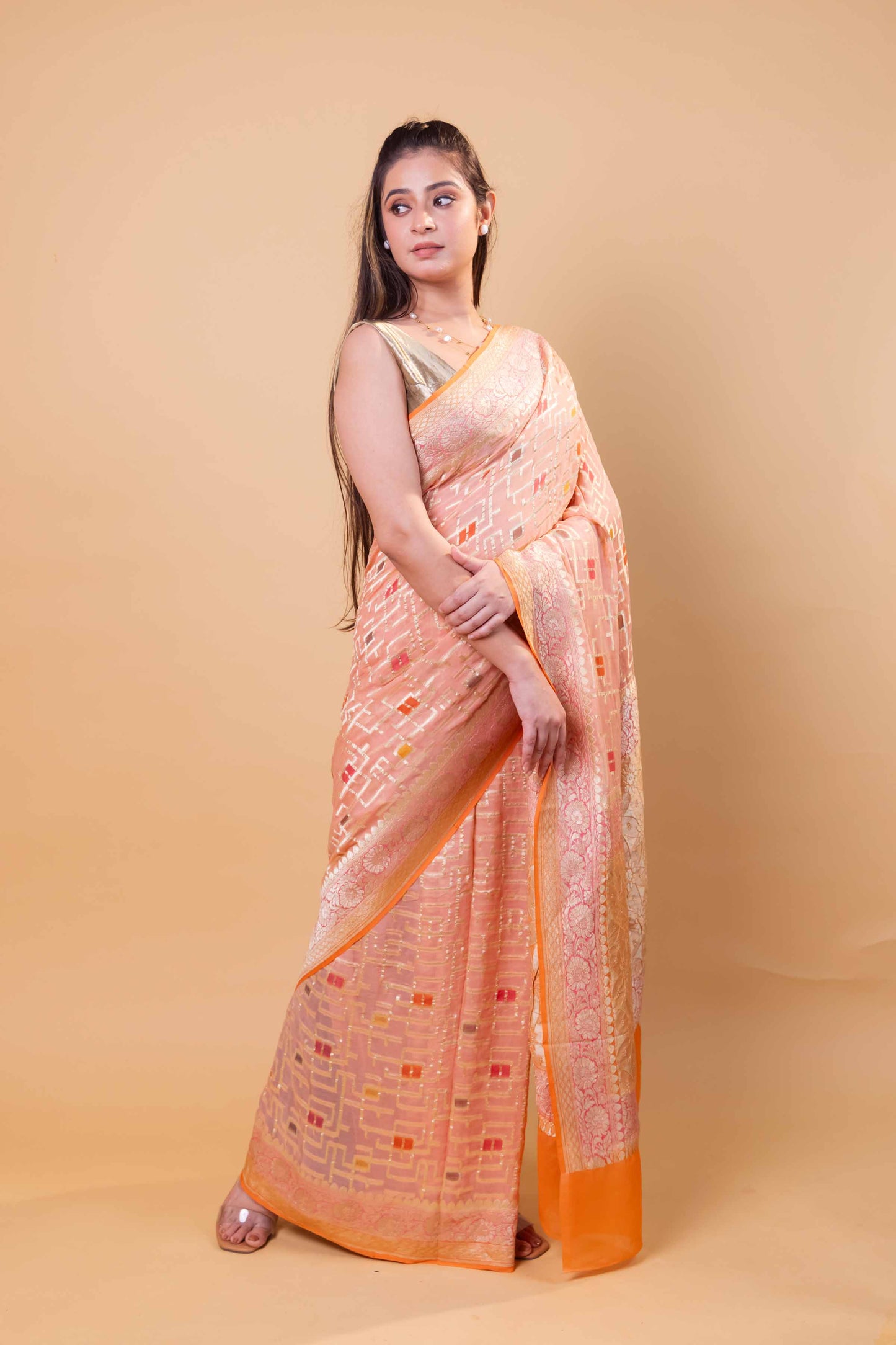 Peach Rangkat Khaddi Georgette Silk Saree
