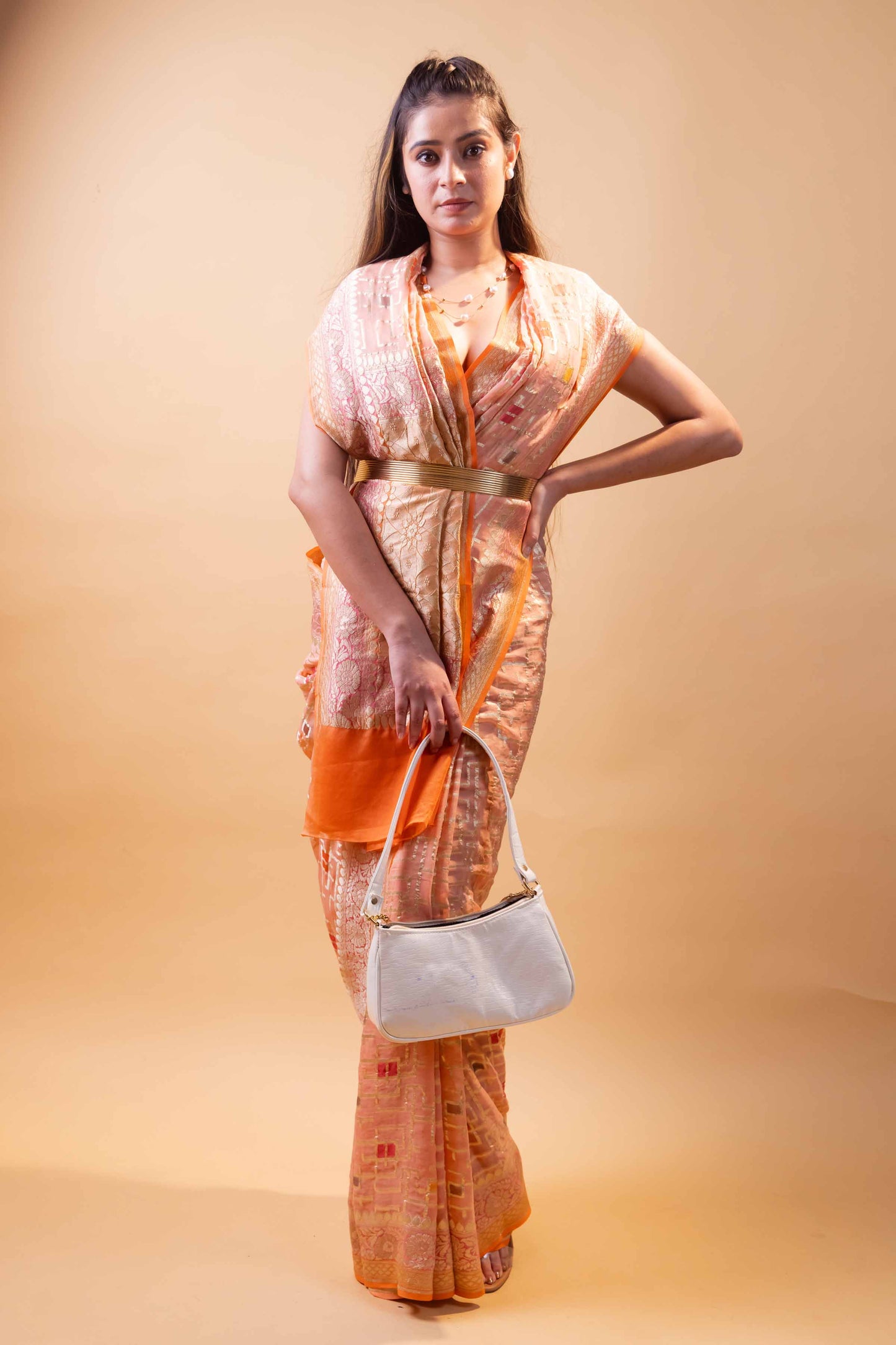 Peach Rangkat Khaddi Georgette Silk Saree