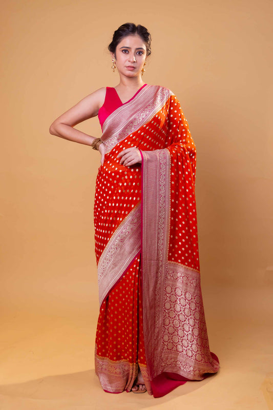 Orange & Rani Polka Dot Khaddi Georgette Silk Saree