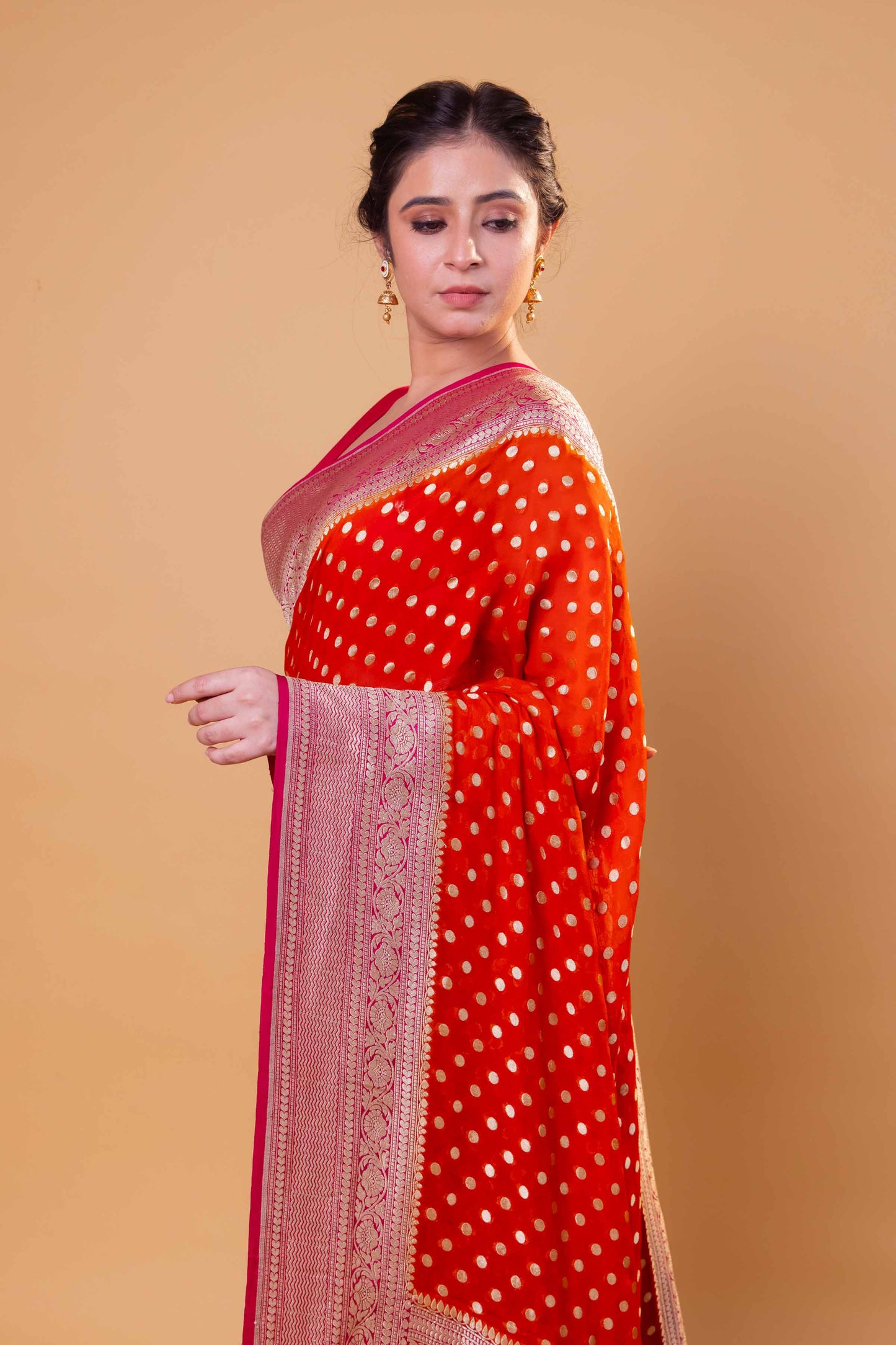Orange & Rani Polka Dot Khaddi Georgette Silk Saree