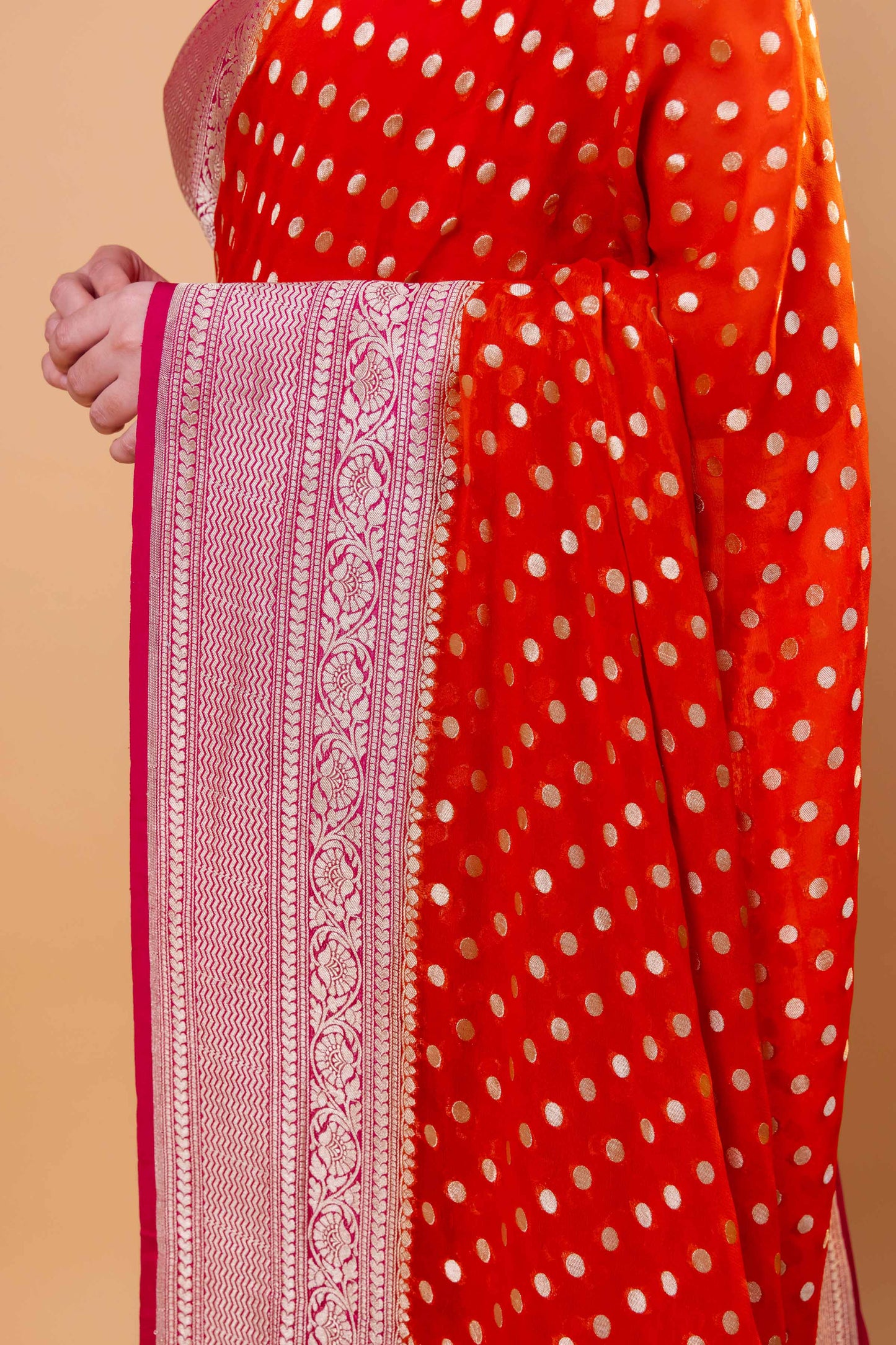Orange & Rani Polka Dot Khaddi Georgette Silk Saree