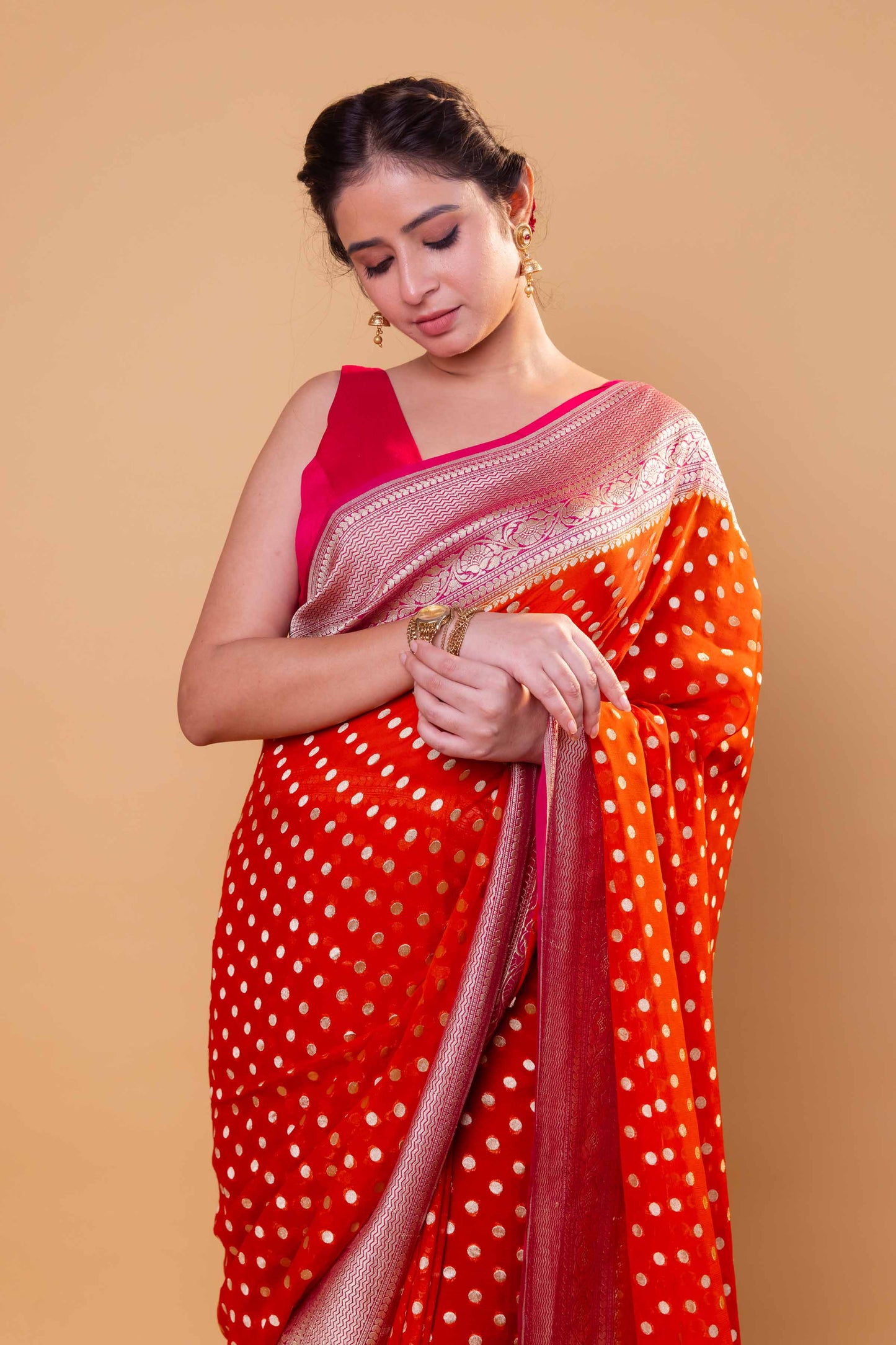 Orange & Rani Polka Dot Khaddi Georgette Silk Saree