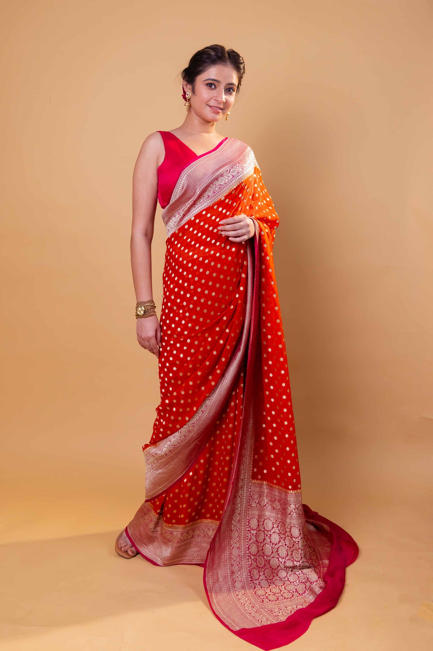 Orange & Rani Polka Dot Khaddi Georgette Silk Saree