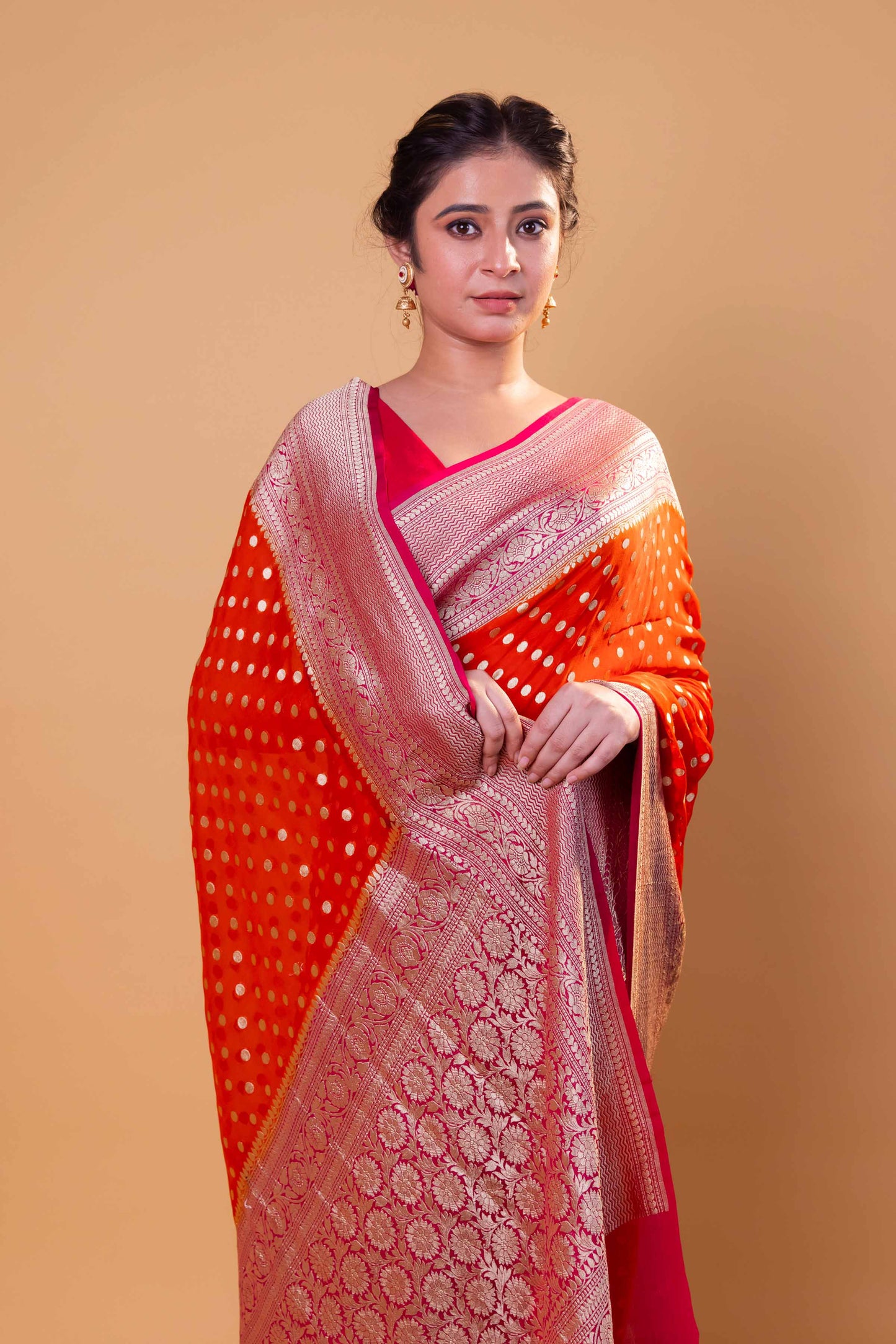 Orange & Rani Polka Dot Khaddi Georgette Silk Saree