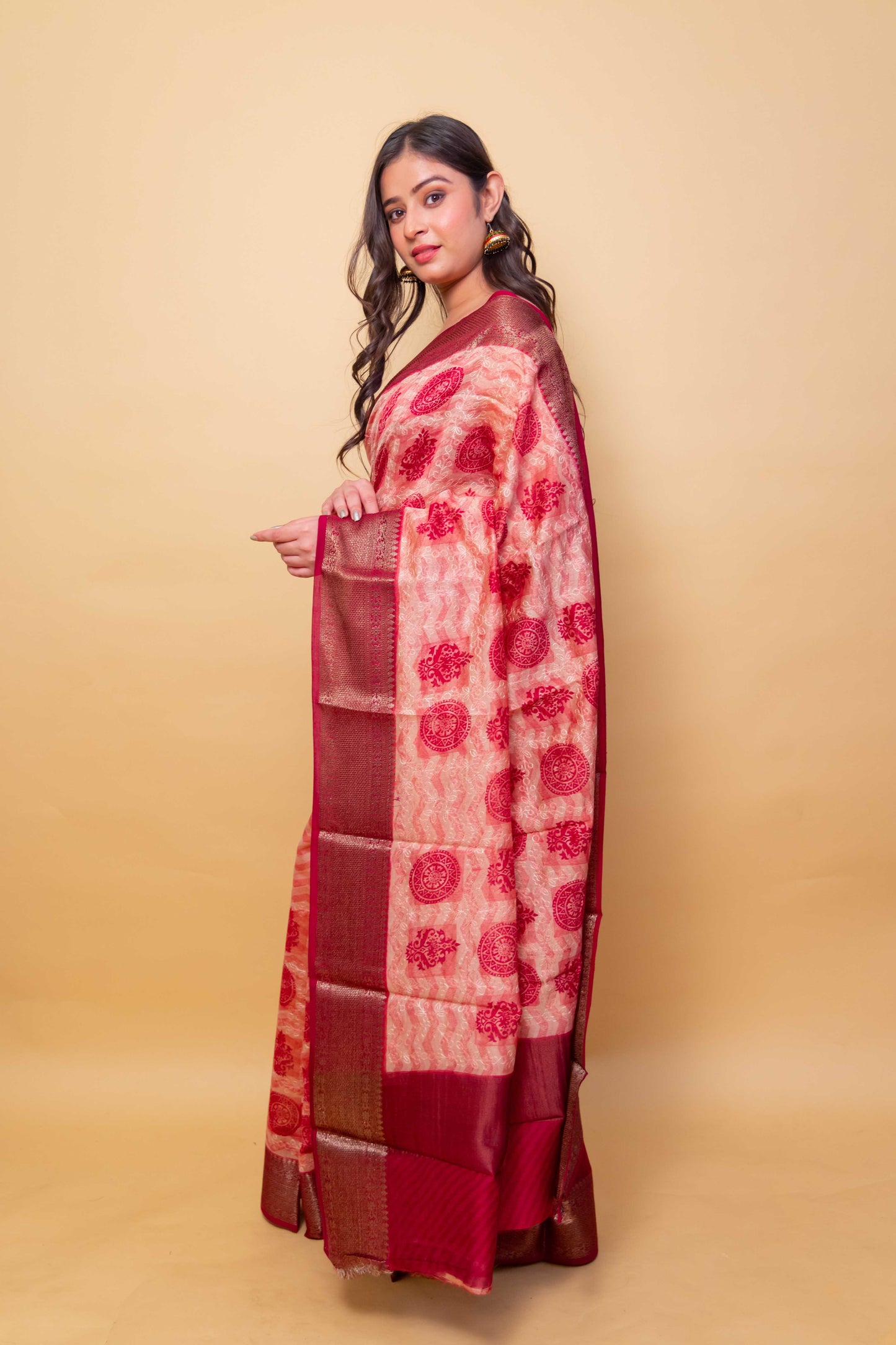 Pink & Beige Embroidered Chanderi Silk Saree