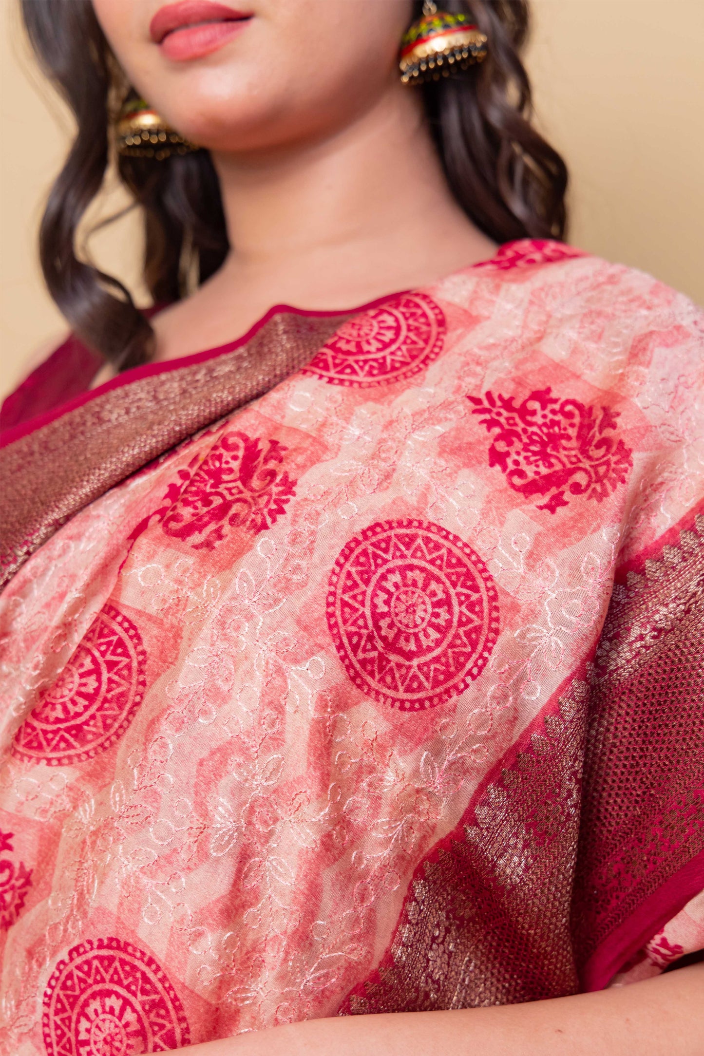 Pink & Beige Embroidered Chanderi Silk Saree