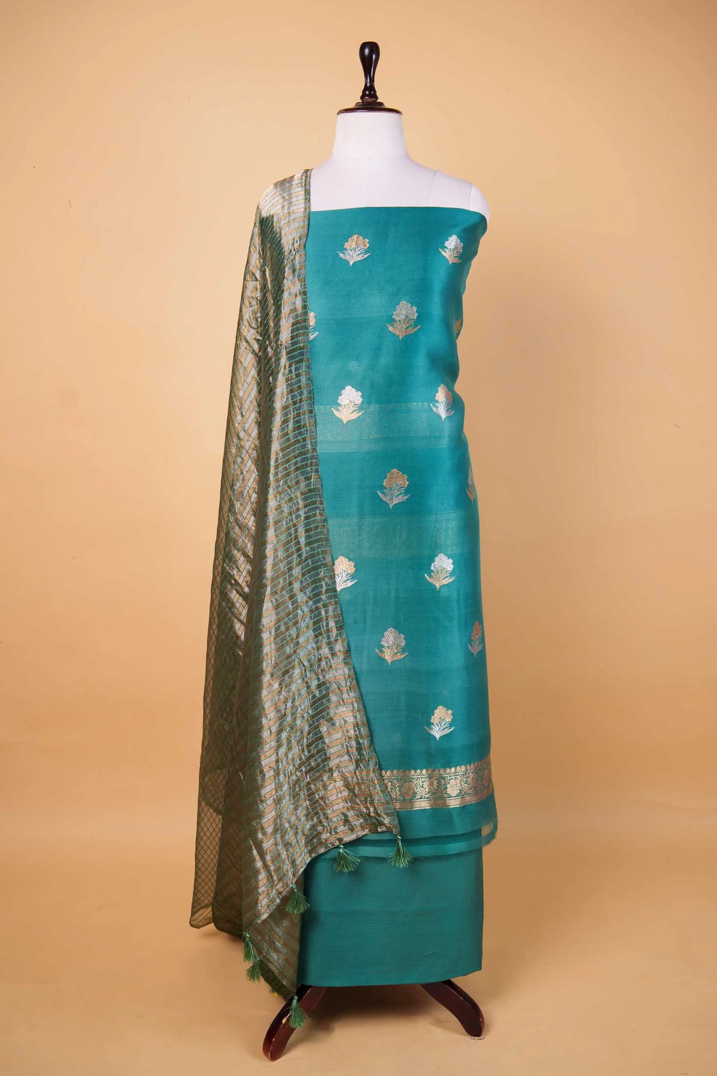 Teal Green Organza Handwoven Suit