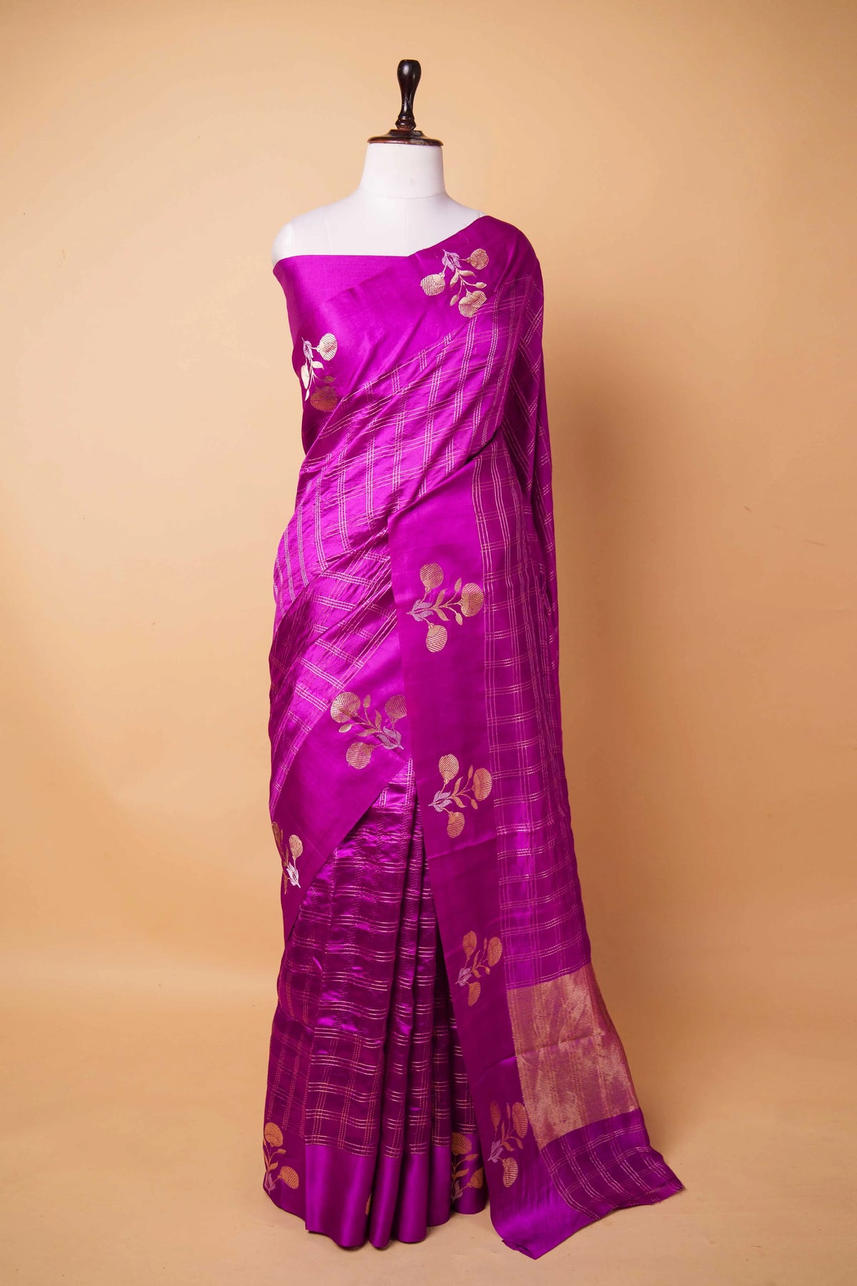 Magenta Zari Checks Woven Puna Silk Saree