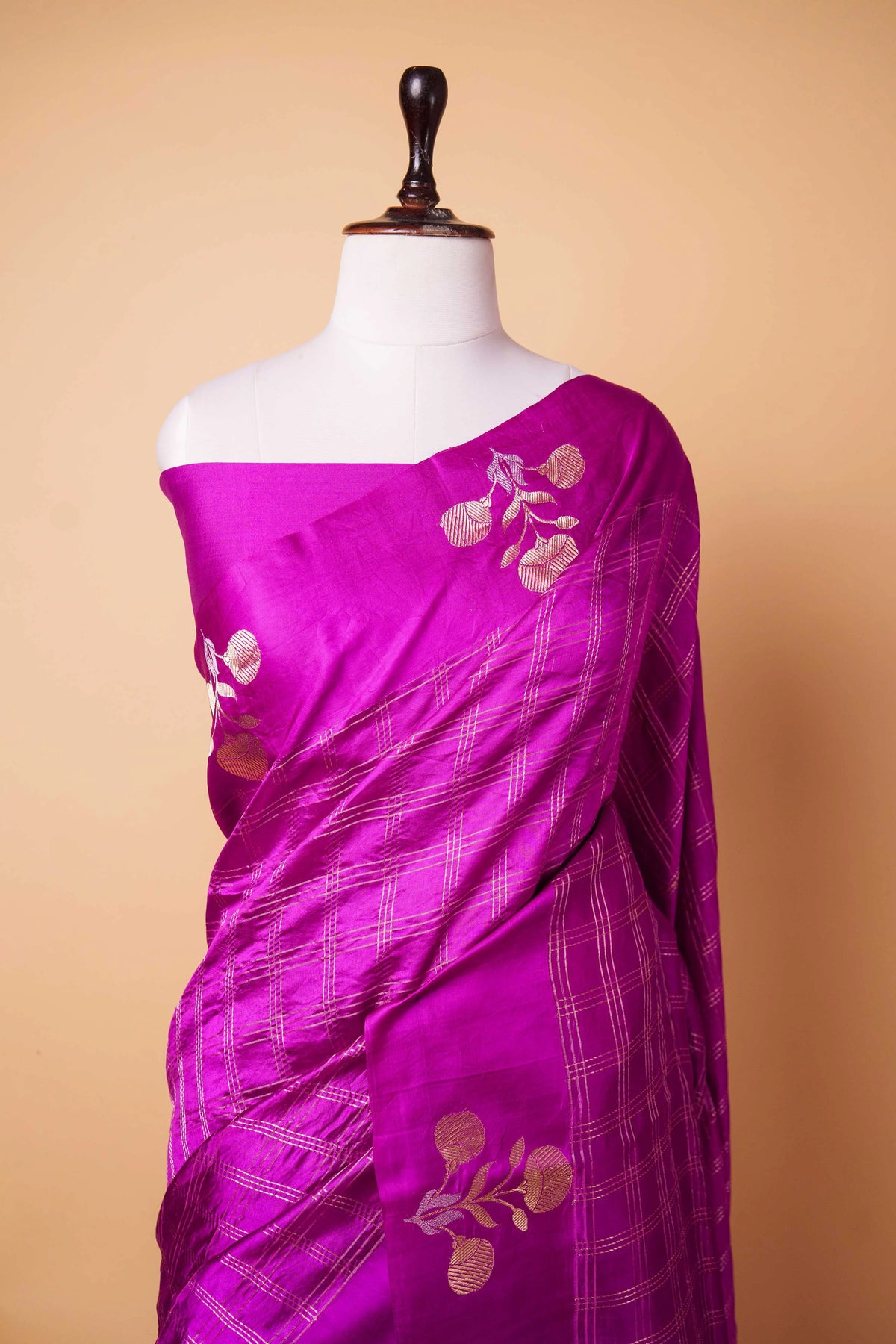 Magenta Zari Checks Woven Puna Silk Saree