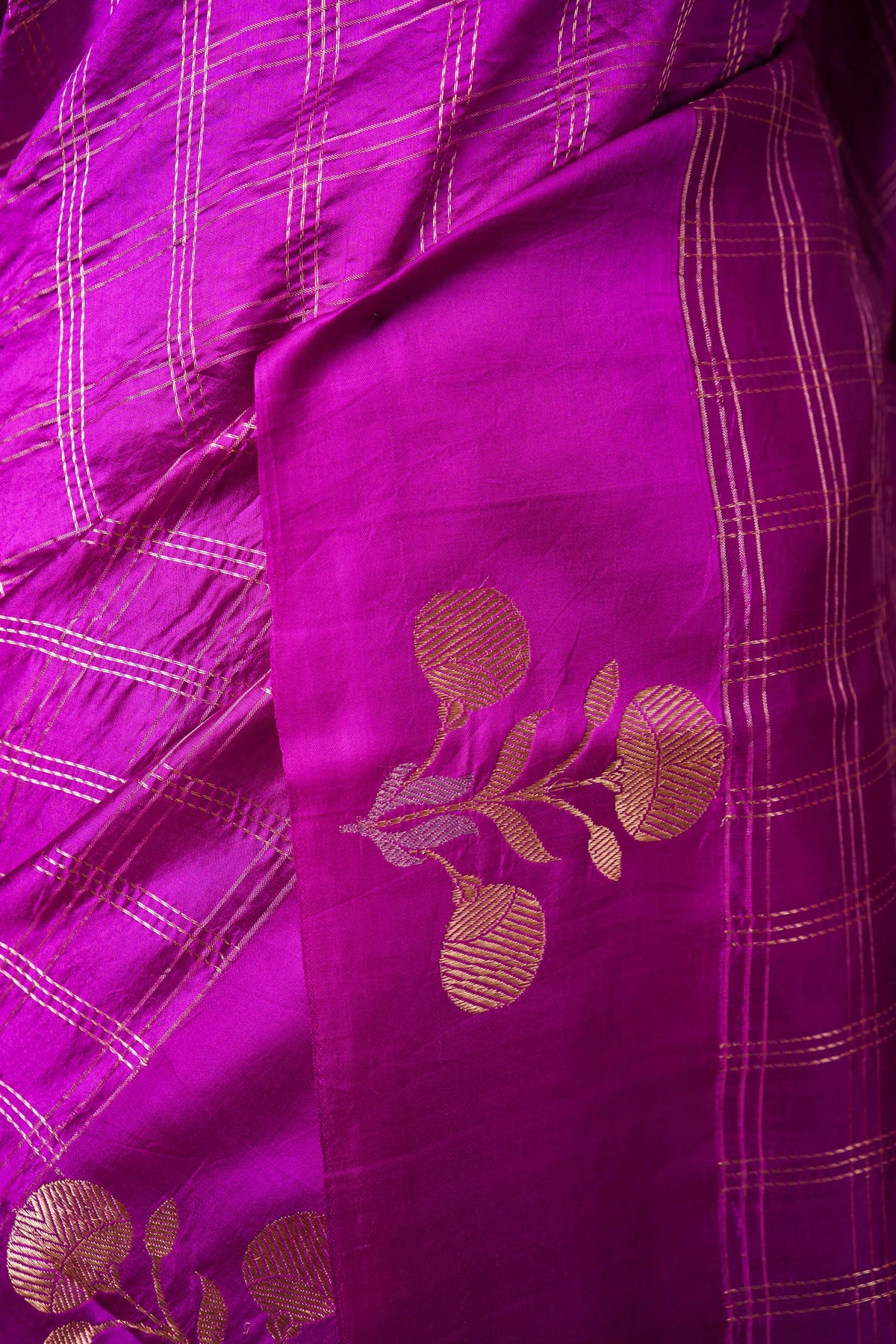 Magenta Zari Checks Woven Puna Silk Saree