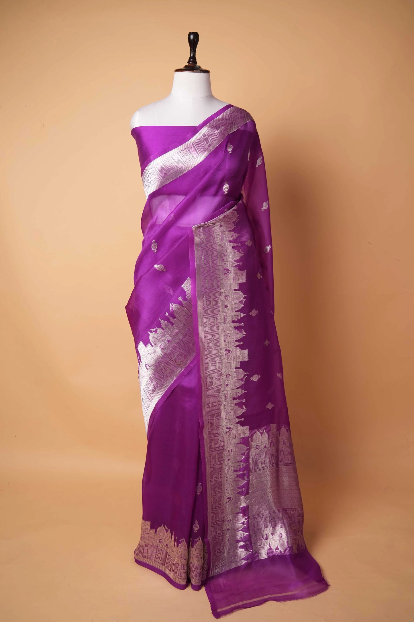 Magenta Banarasi Ghat Weaving Organza Silk Saree