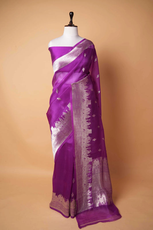 Magenta Banarasi Ghat Weaving Organza Silk Saree