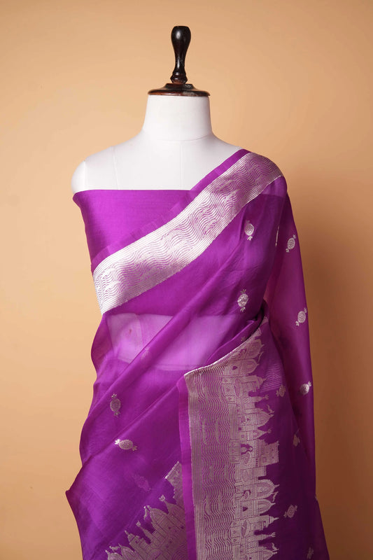 Magenta Banarasi Ghat Weaving Organza Silk Saree