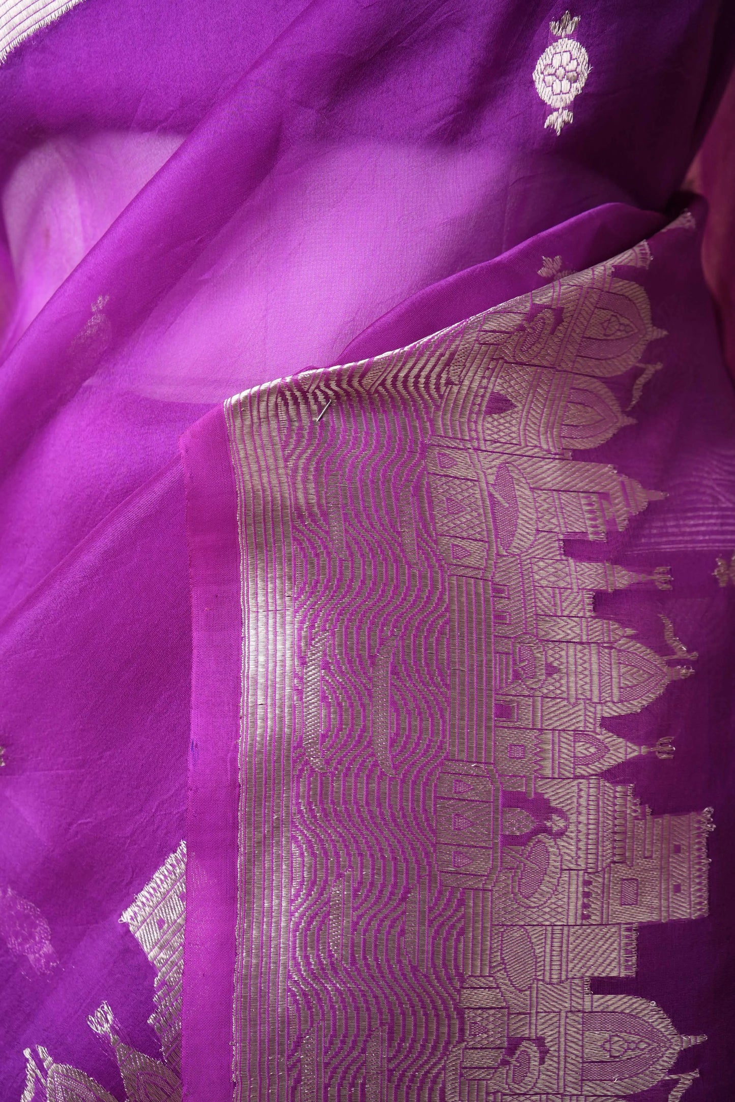 Magenta Banarasi Ghat Weaving Organza Silk Saree