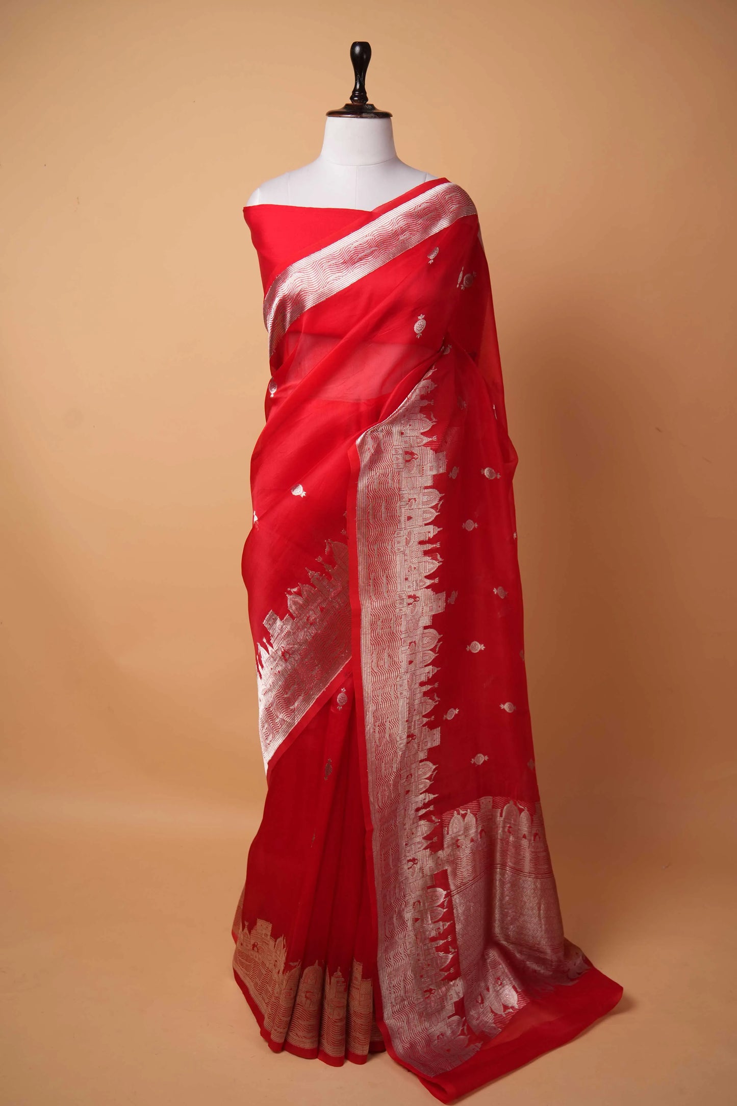 Red Banarasi Ghat Weaving Organza Silk Saree