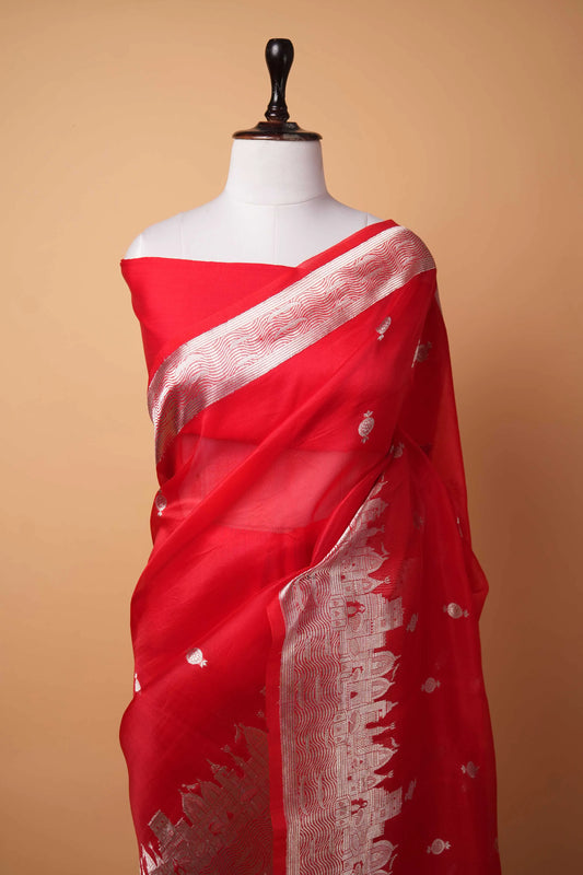 Red Banarasi Ghat Weaving Organza Silk Saree