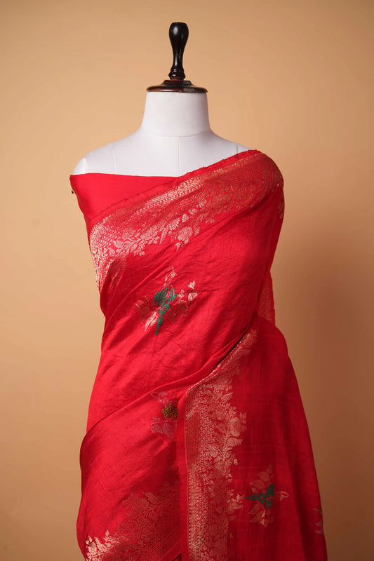 Red Handwoven Raw Silk Saree
